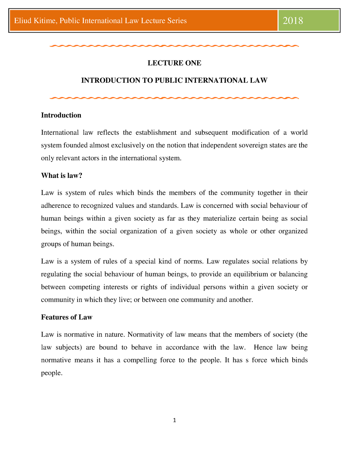 Public International LAW FULL Notes FOR - LECTURE ONE INTRODUCTION TO ...