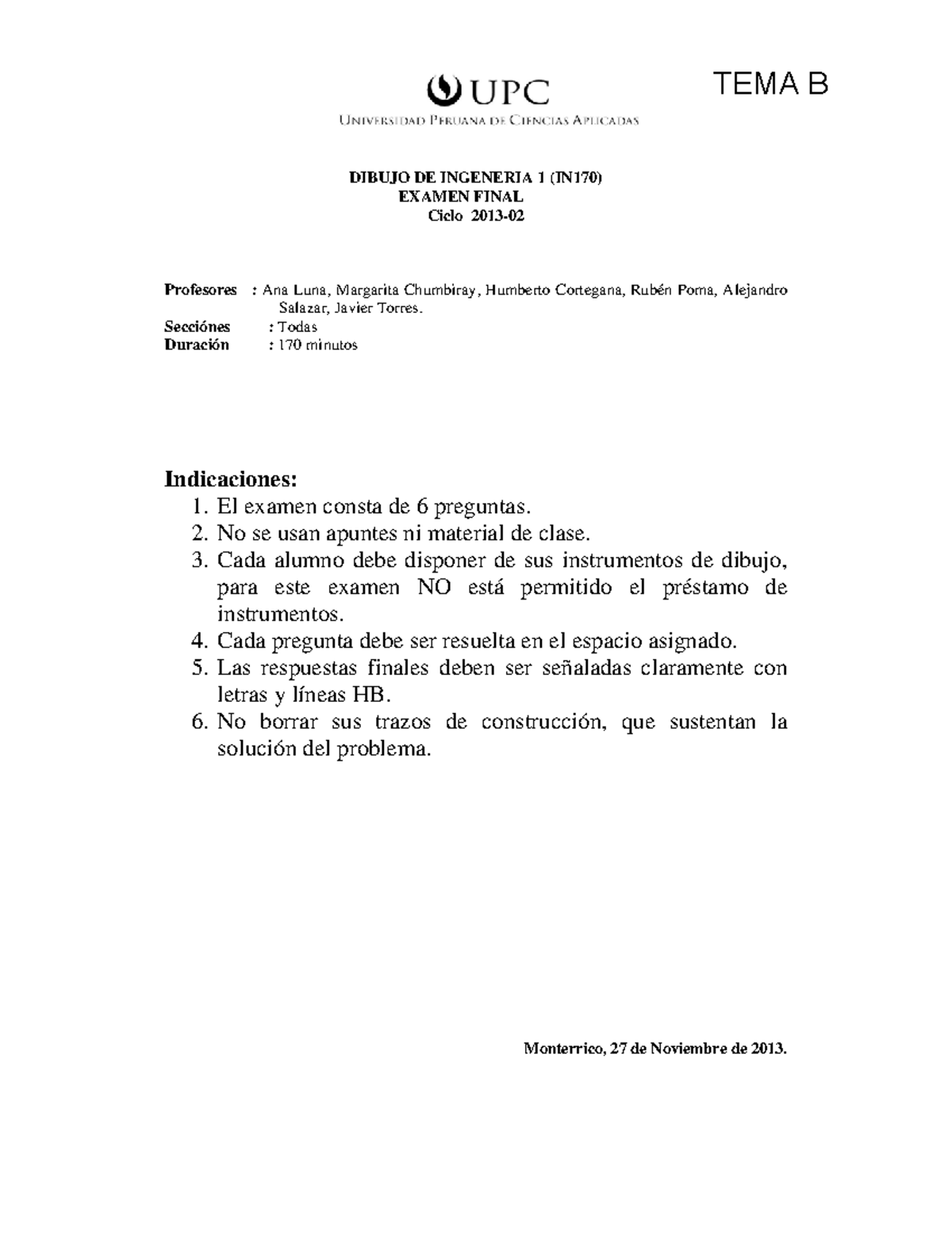 EF 2013-2 Tema B - EXAMEN - Dibujo De Ingeniería 2 - UPC - Studocu