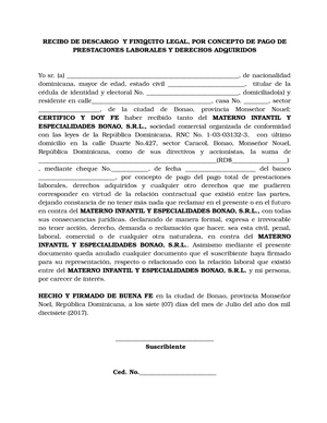Modelo - Recibo DE Descargo Y Finiquito Legal - RECIBO DE DESCARGO Y  FINIQUITO LEGAL, POR CONCEPTO - Studocu