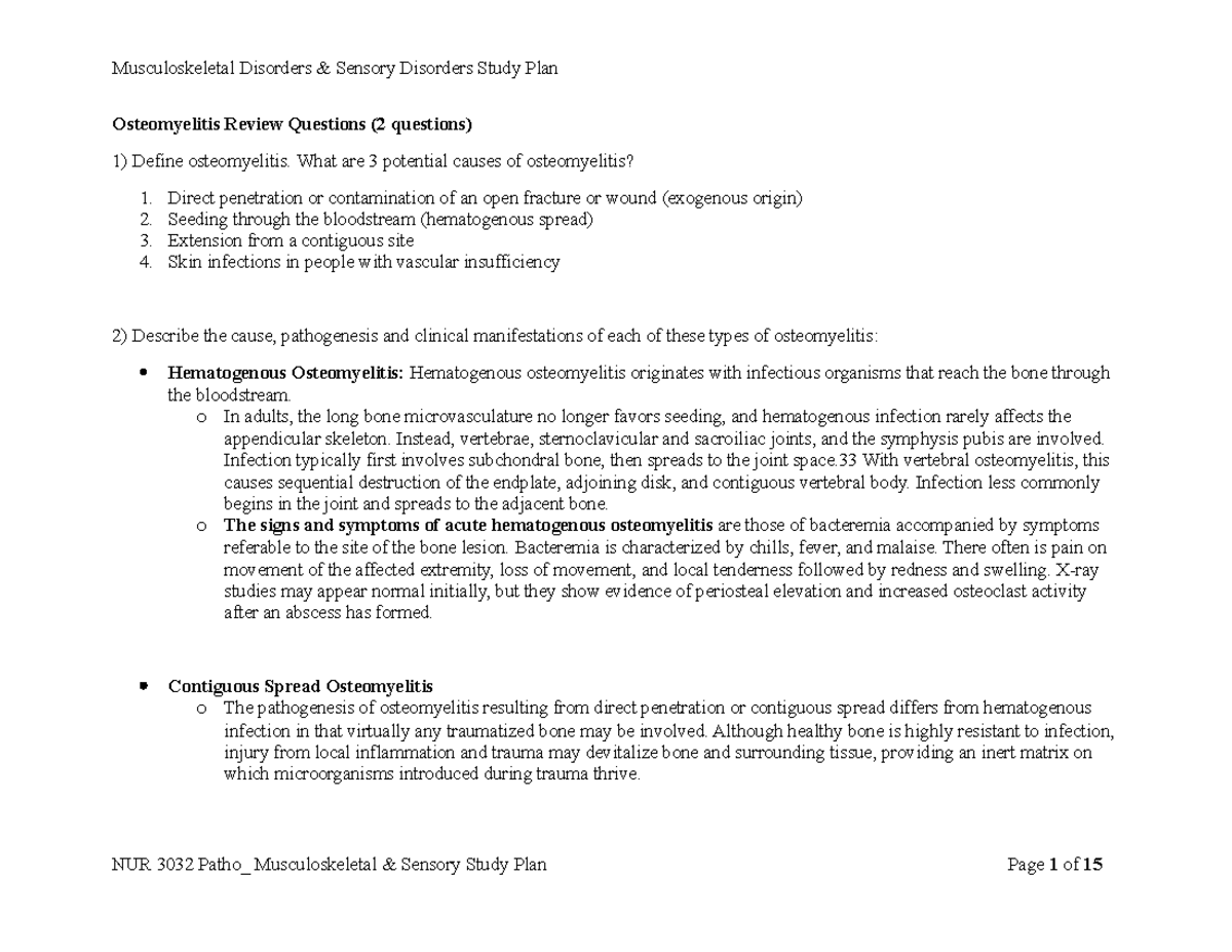 NUR 3032 Musculo and Sensory Study Plan Osteomyelitis Review