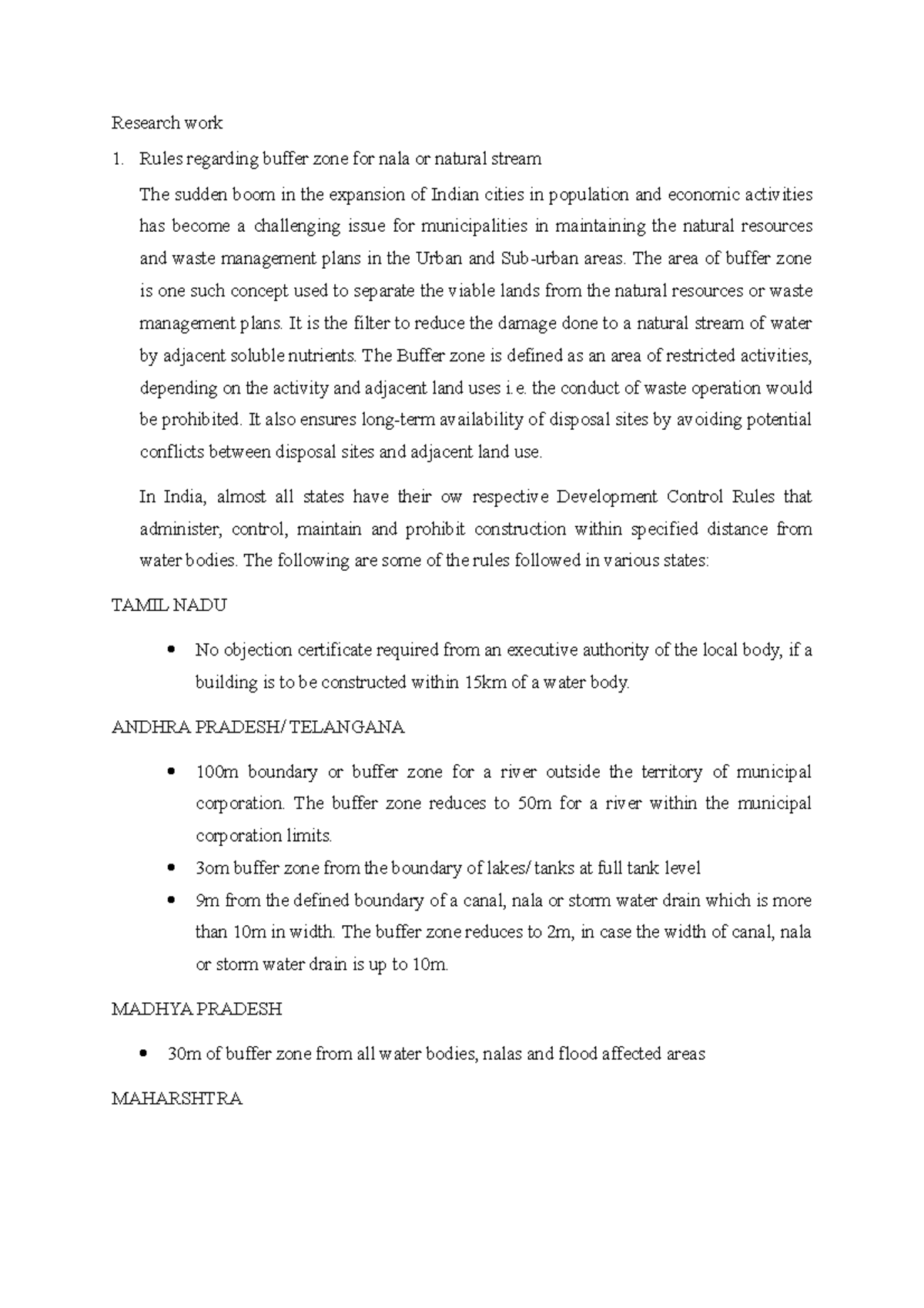 Research work Research work Rules regarding buffer zone for nala or