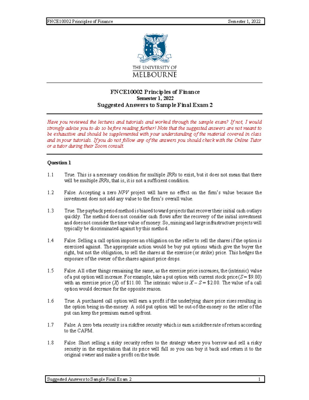 Sample Final 2 - Ans - FNCE10002 Principles of Finance Semester 1, 2022 ...
