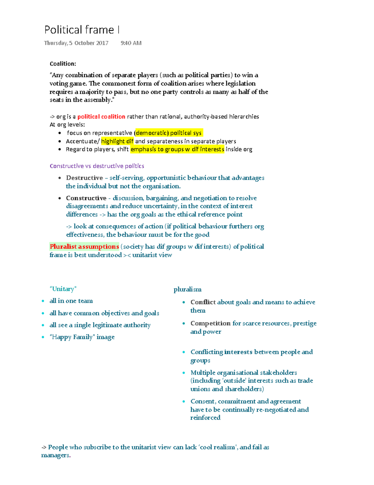 MGMT220 Week 10 Lecture note Political Framework I - Coalition: - Studocu