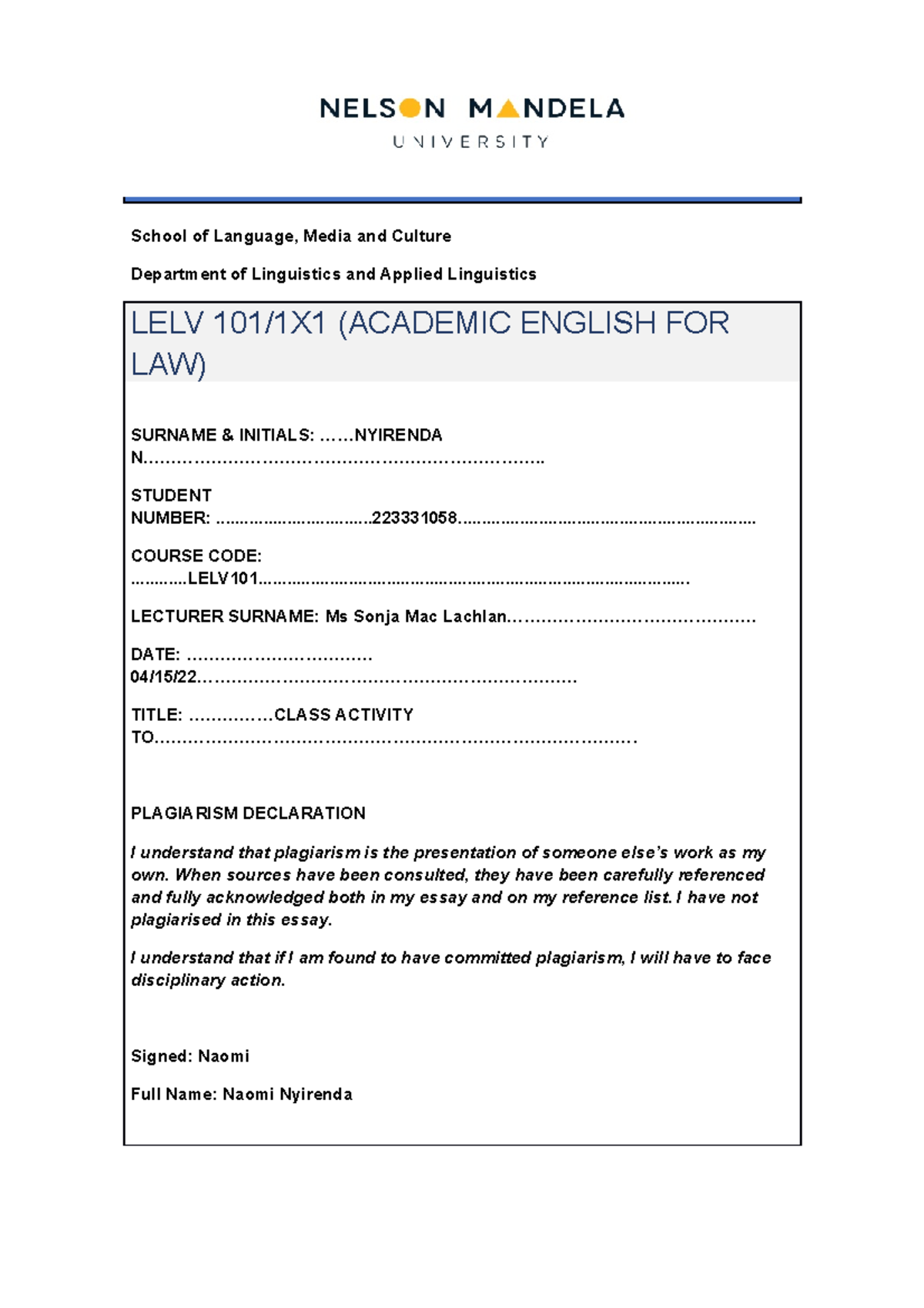Plain Legal Language Assignment 223331058 - Faculty of Humanities ...