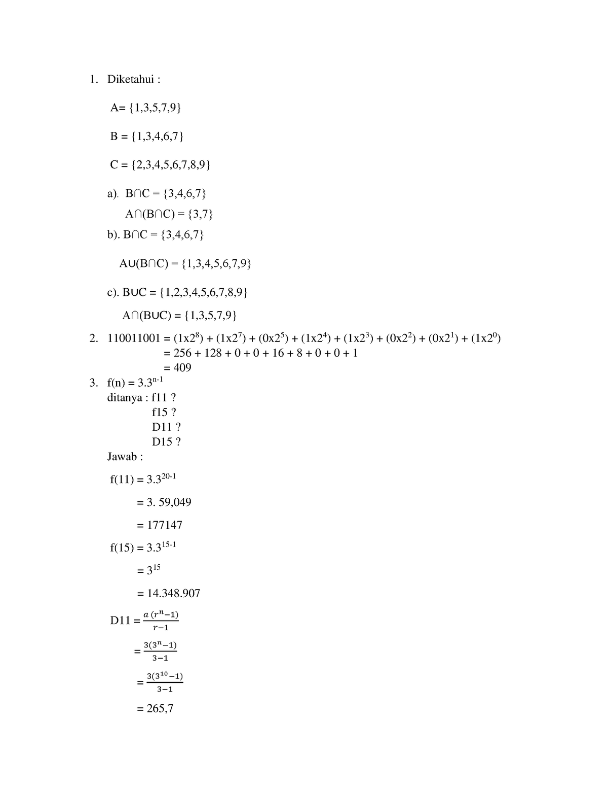 Tugas Matematika 1 - Diketahui : A= {1,3,5,7,9} B = {1,3,4,6,7} C = {2 ...