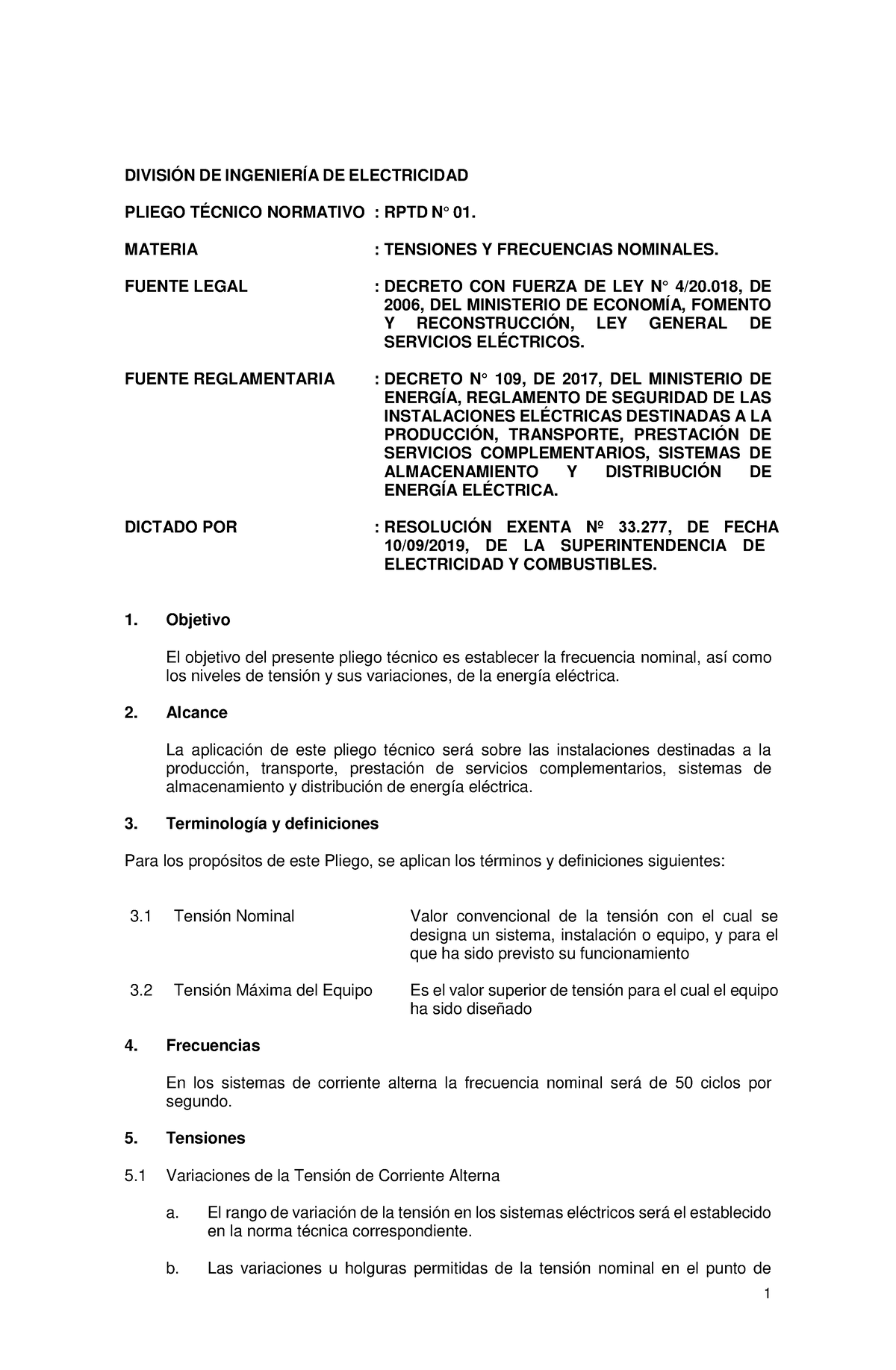 Pliego Técnico Normativo RPTD N°01 Tensiones Y Frecuencia - Building ...