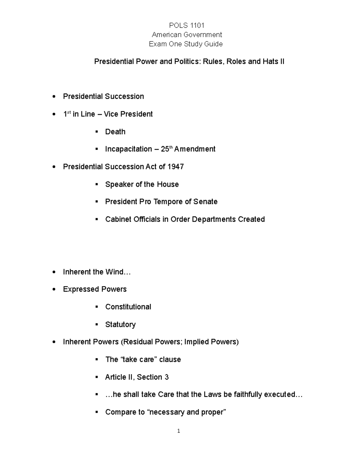 2021 POLS 1101 American Government Lecture Notes Presendential Roles ...