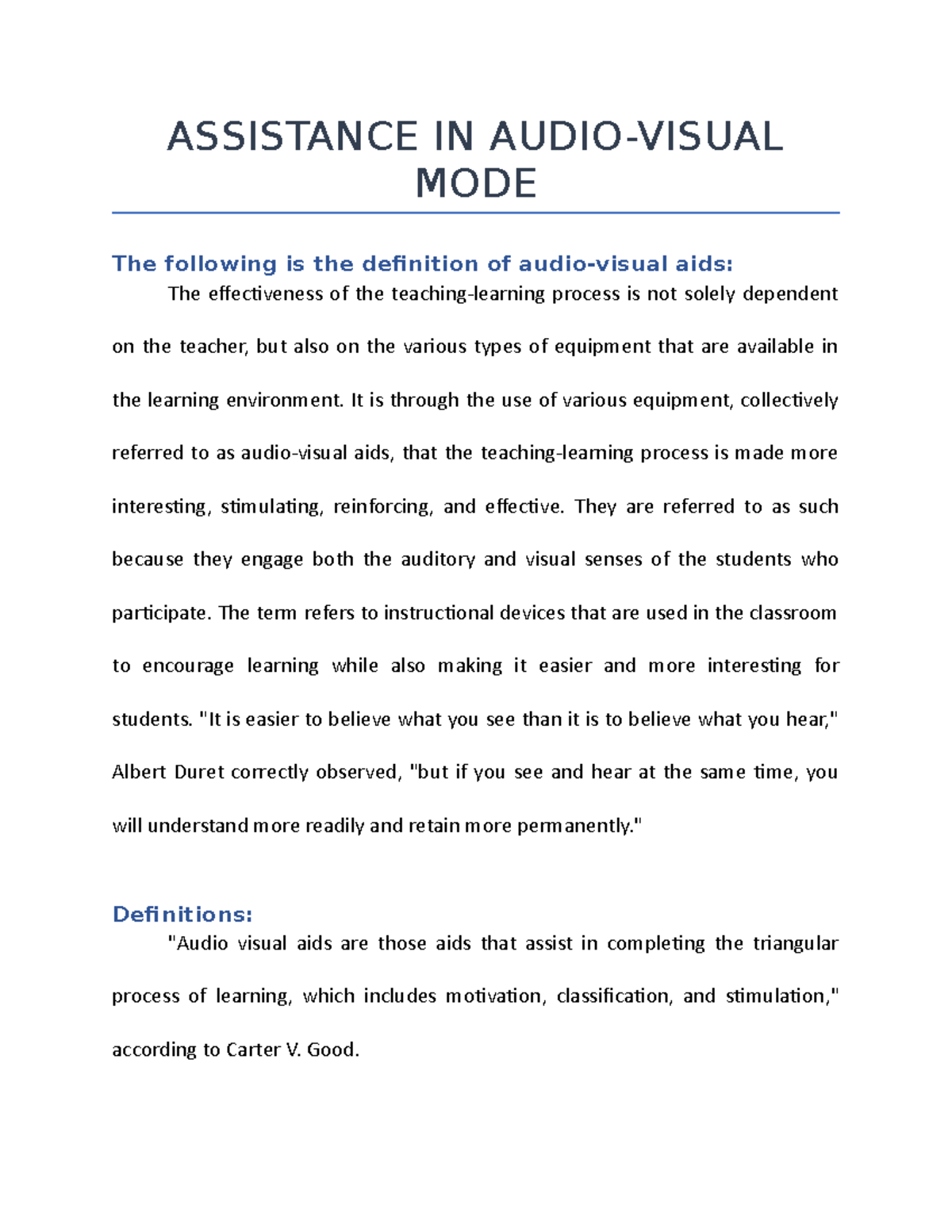 Assistance IN Audio- Visual MODE - ASSISTANCE IN AUDIO-VISUAL MODE The ...