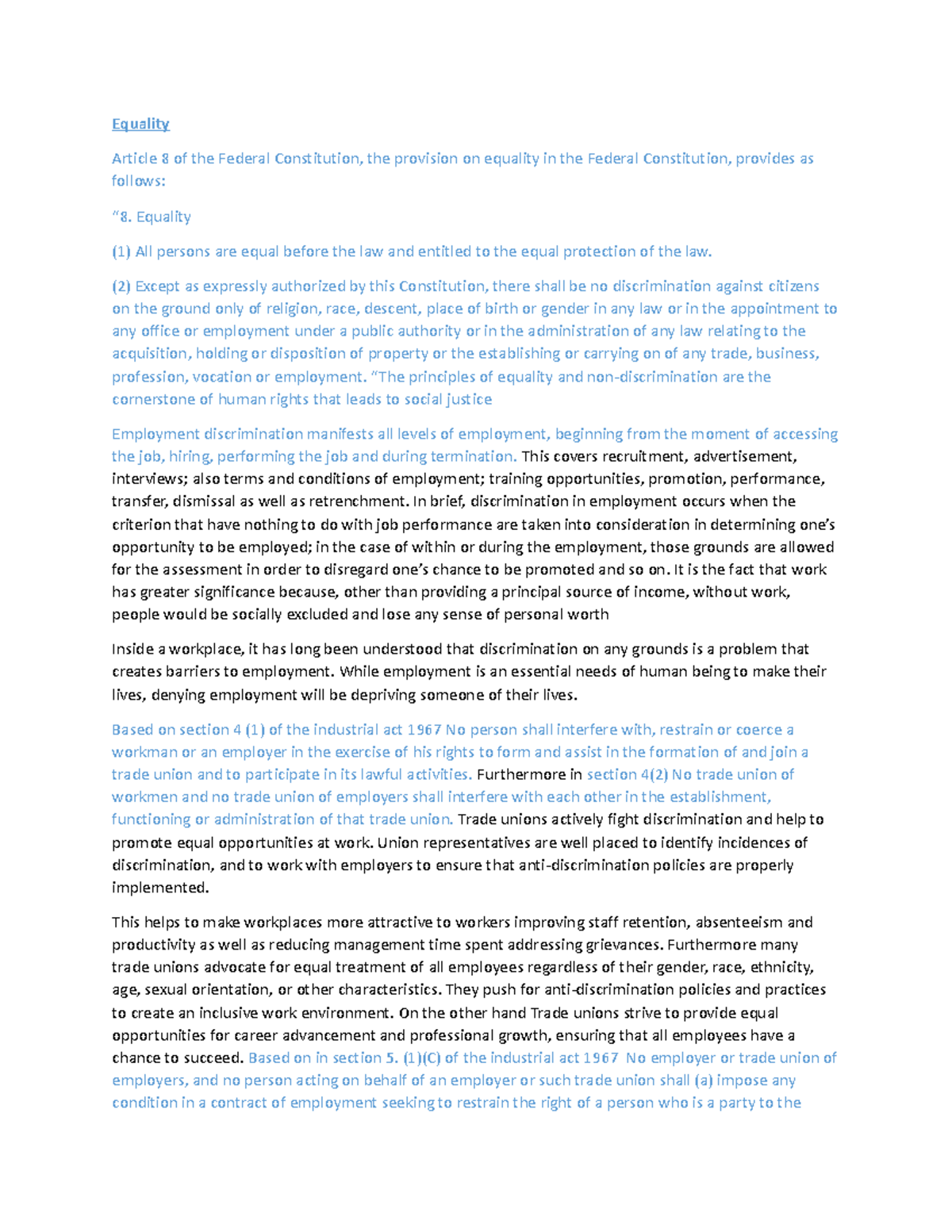Equality trade union - Equality Article 8 of the Federal Constitution ...
