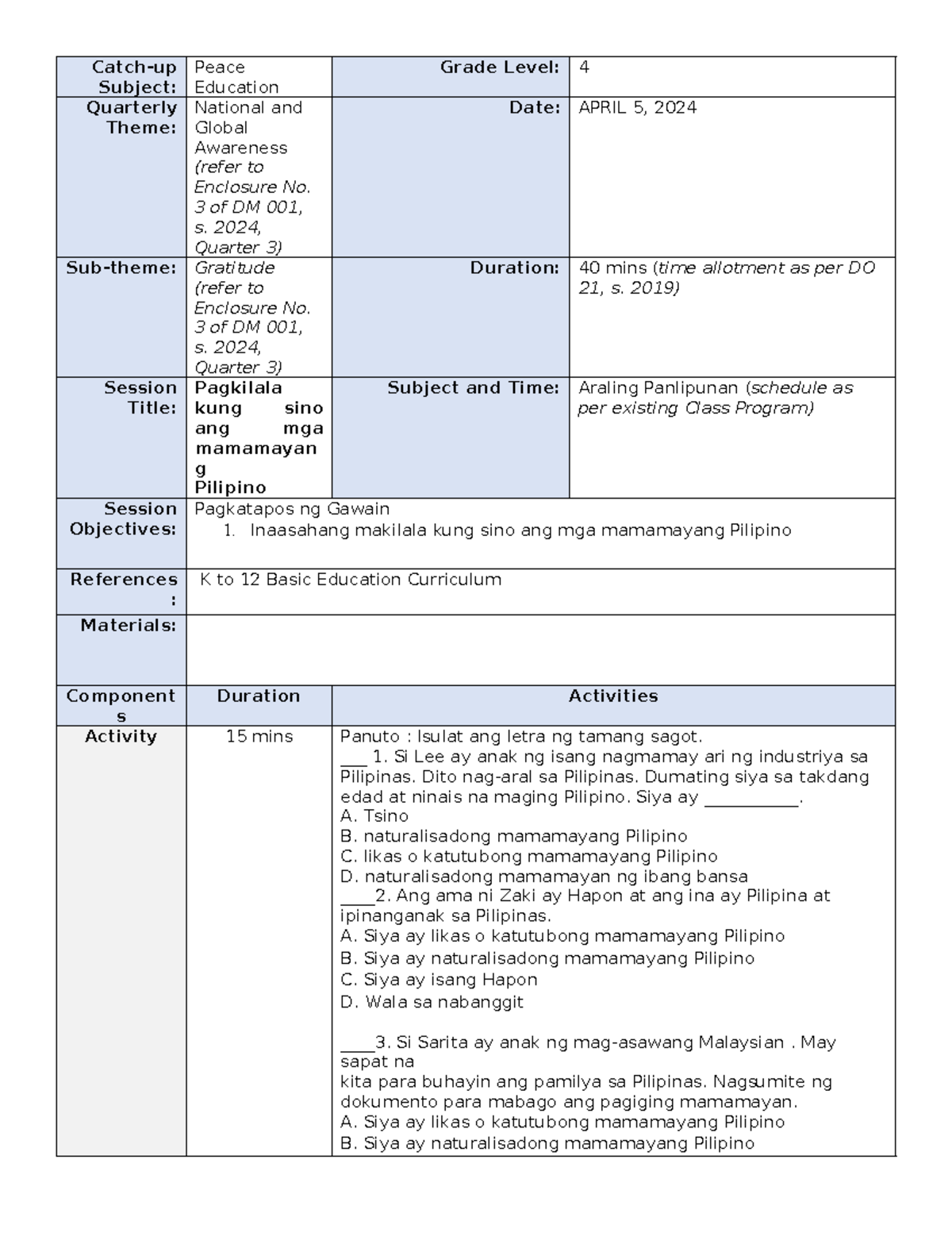 Grade 4AP Reading CatchUP Friday Catchup Subject Peace Education