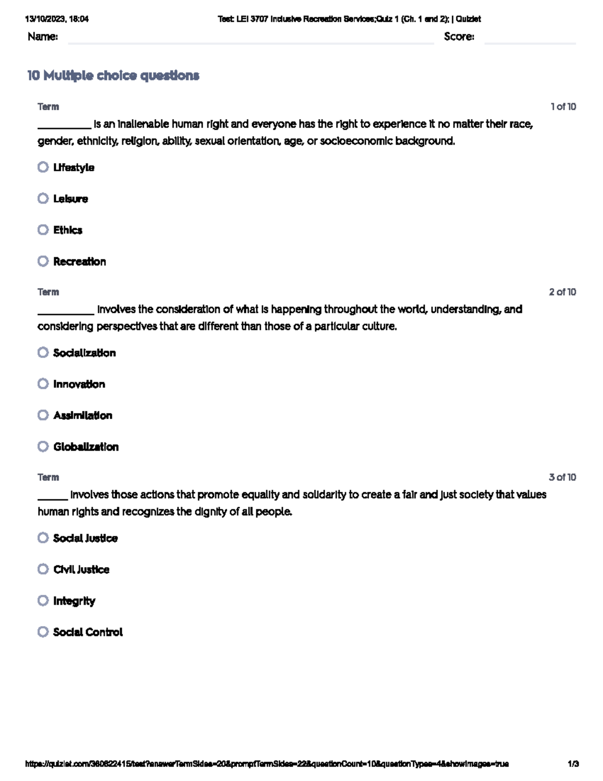 Inclusive leisure quiz - REC 127 - Studocu