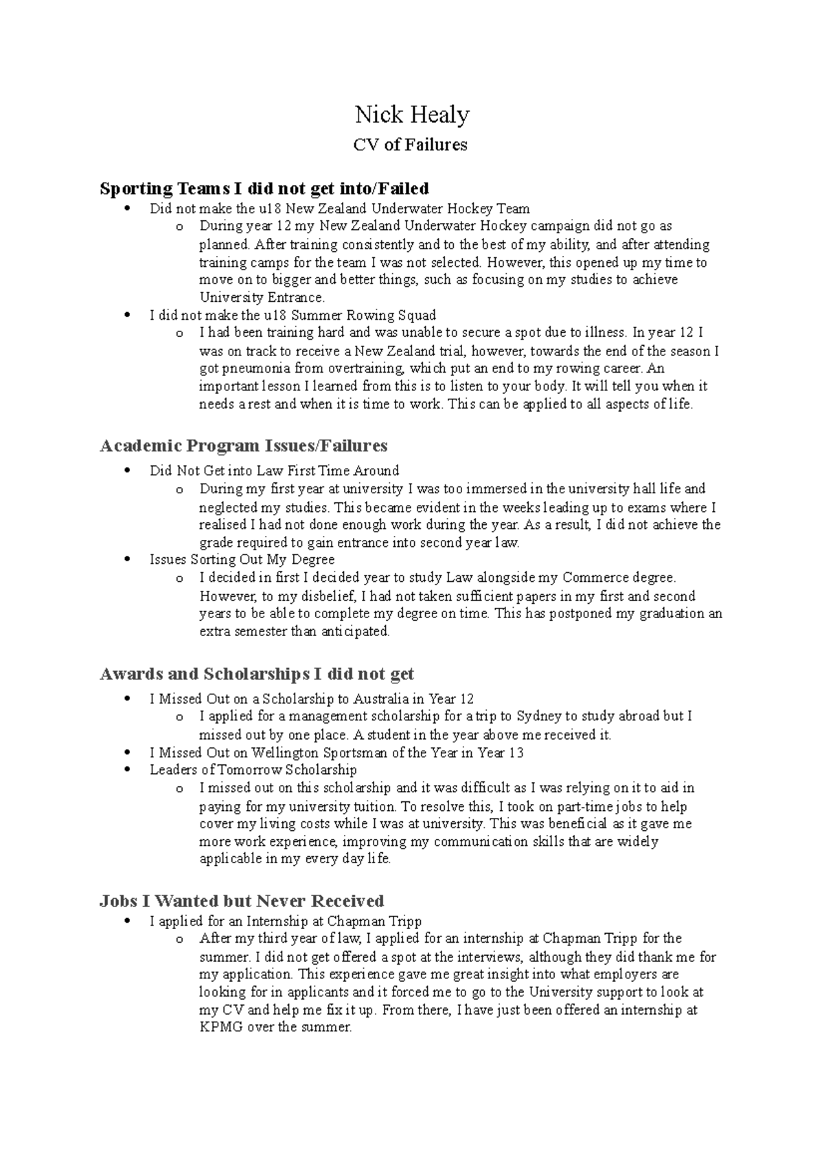CV of Failures Example 1 - Nick Healy CV of Failures Sporting Teams I ...