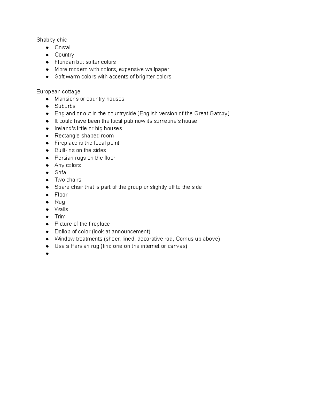 Interior design notes about assignments Shabby chic Costal Country