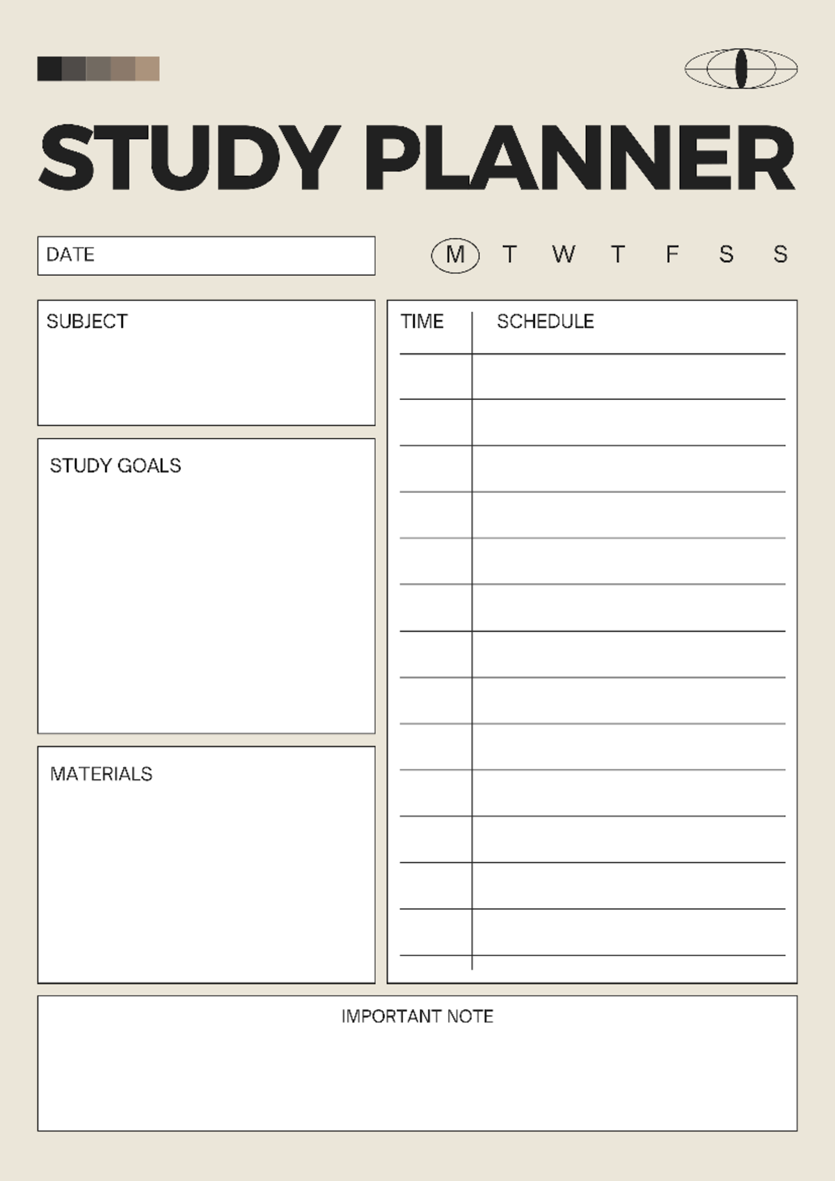 Beige Black Bold Simple Study Planner - STUDY PLANNER DATE M T W T F S ...
