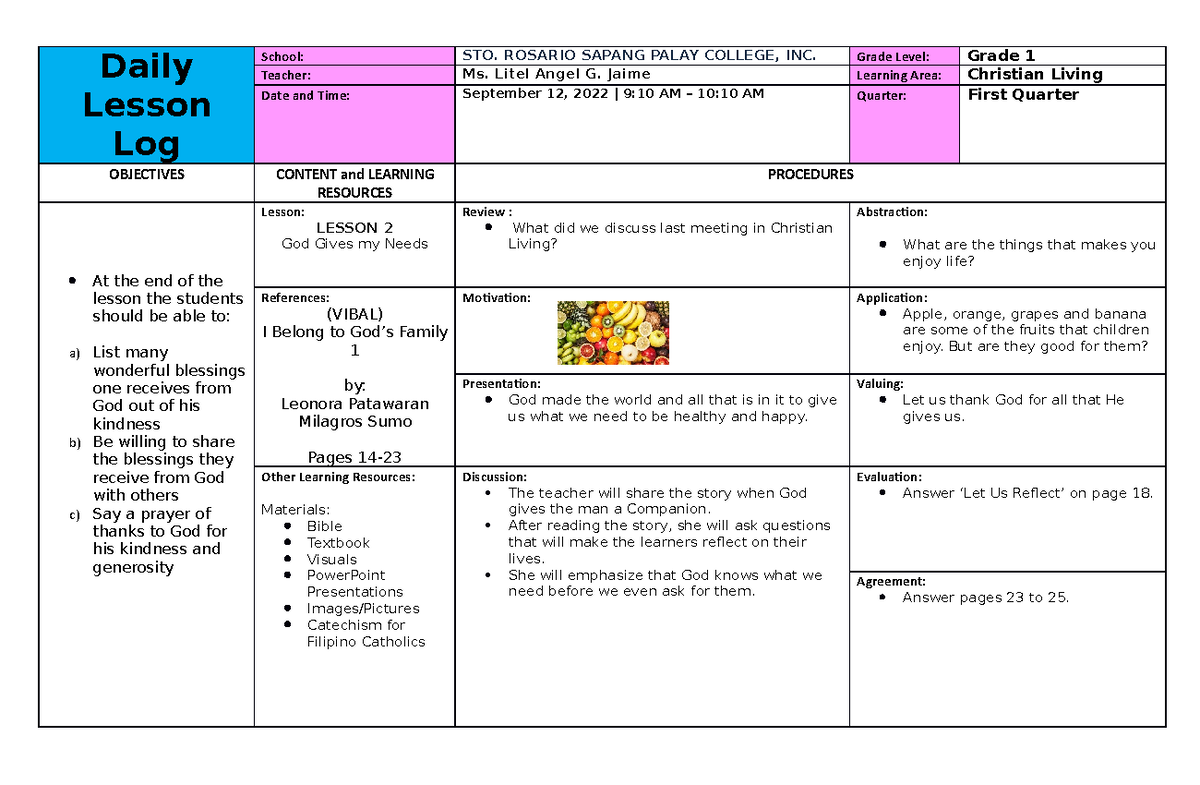 DLL CL1 L2 - Very nice. - Daily Lesson Log School: STO. ROSARIO SAPANG ...