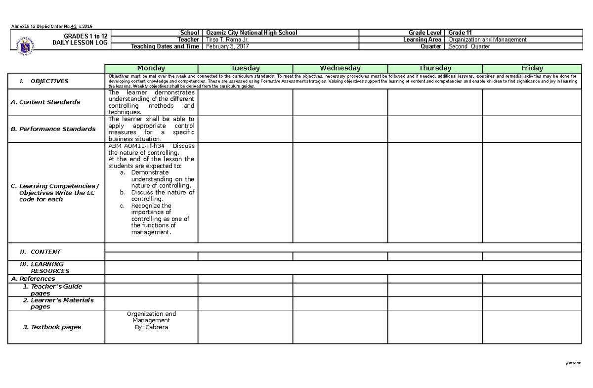 ABM AOM11-IIf-h34 - lesson plan - Annex1B to DepEd Order No, s. GRADES ...