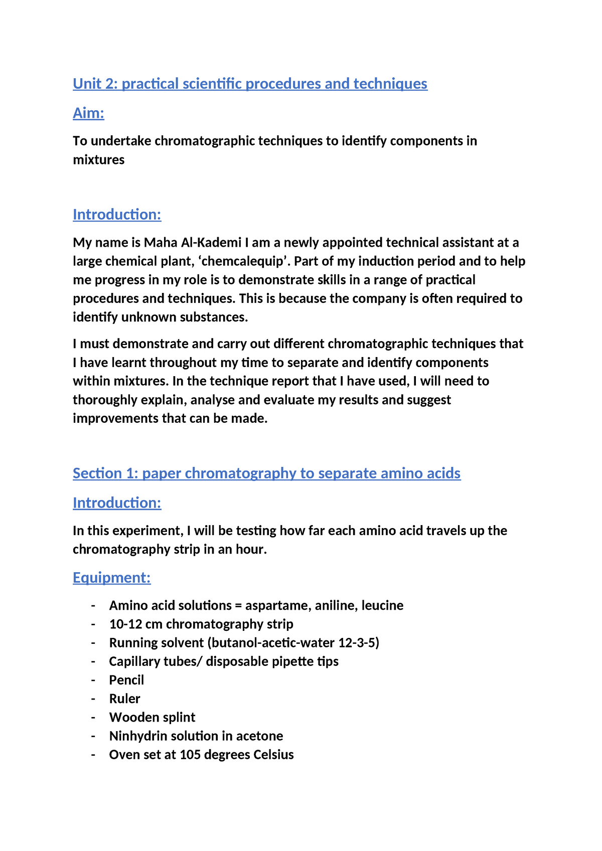 2C chromatography - assigment - Unit 2: practical scientific procedures ...