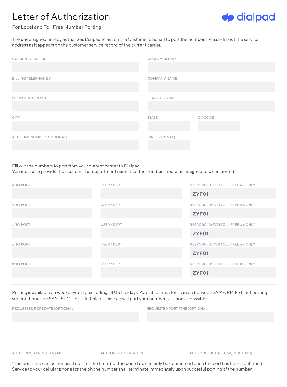 LOA document Latest - Dialpad LOA - CURRENT CARRIER CUSTOMER NAME ...