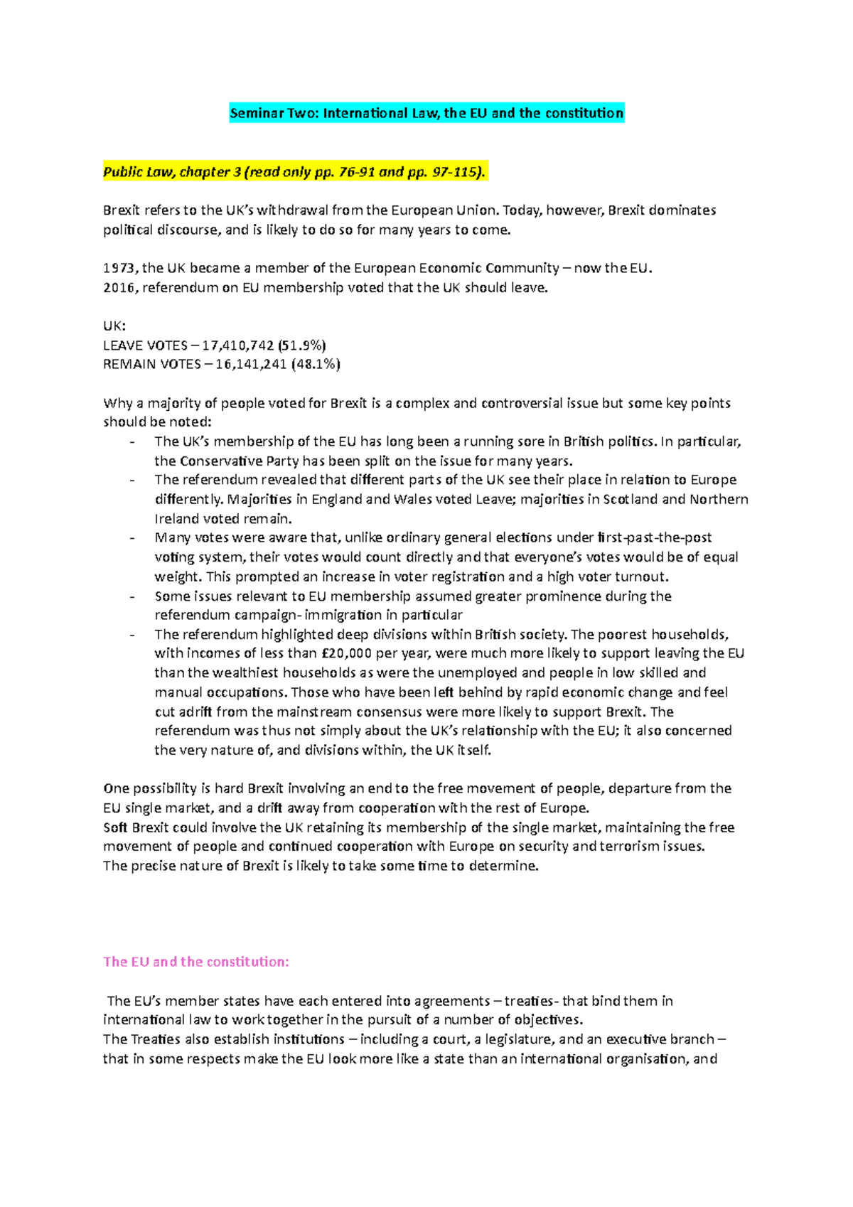 seminar 2 notes - Seminar Two: International Law, the EU and the ...