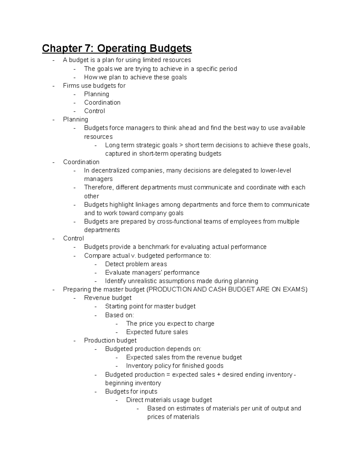 Chapter 7 Operating Budgets - Chapter 7: Operating Budgets A Budget Is ...