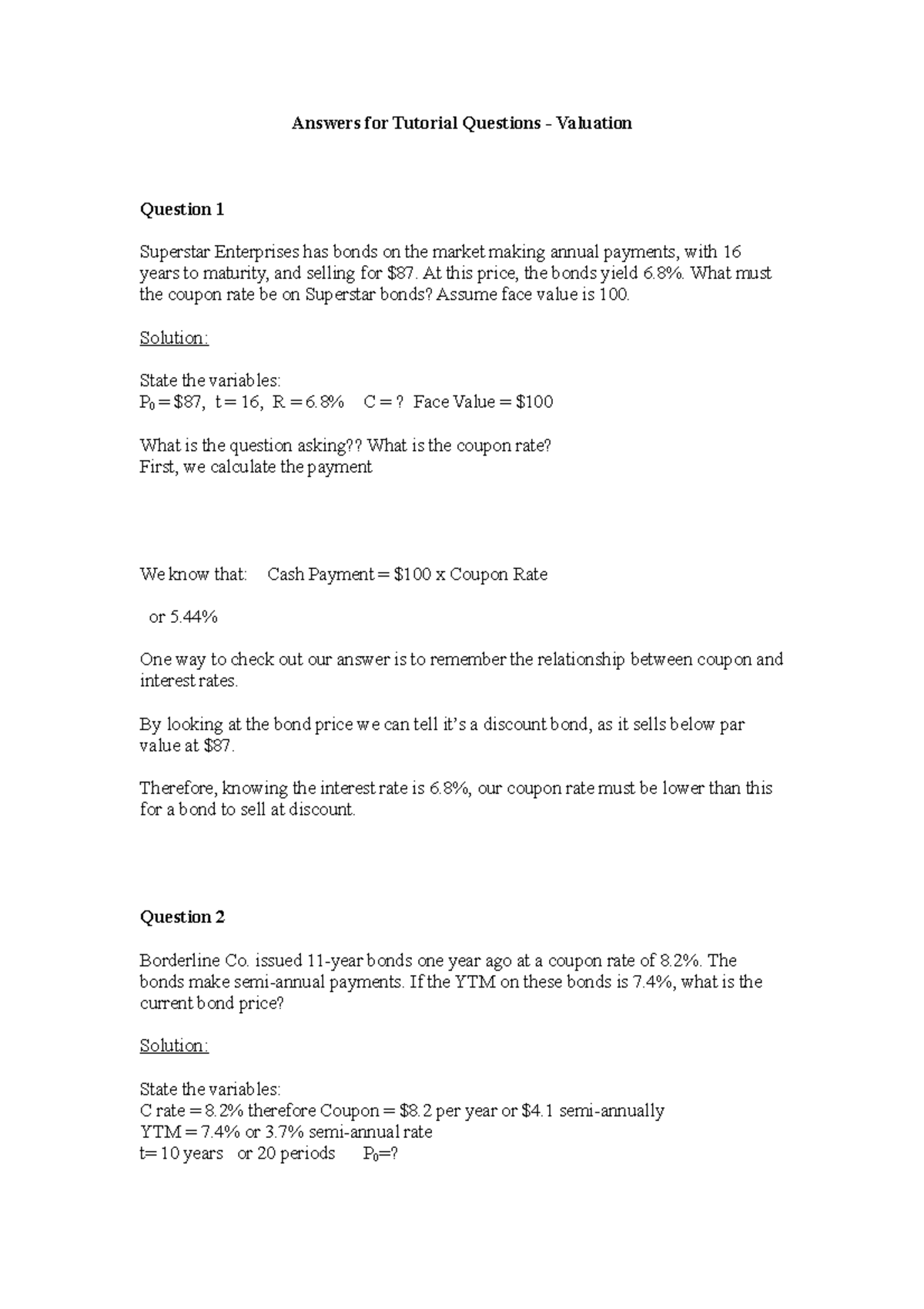 Workshop 4A - Valuation(1)(1) - Answers for Tutorial Questions ...