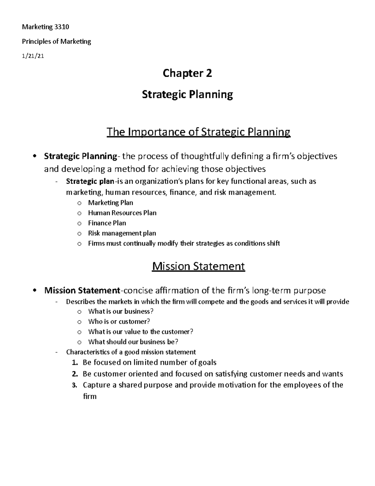 Marketing 3310 Chapter 2 Notes - Markeing 3310 Principles of Markeing 1 ...