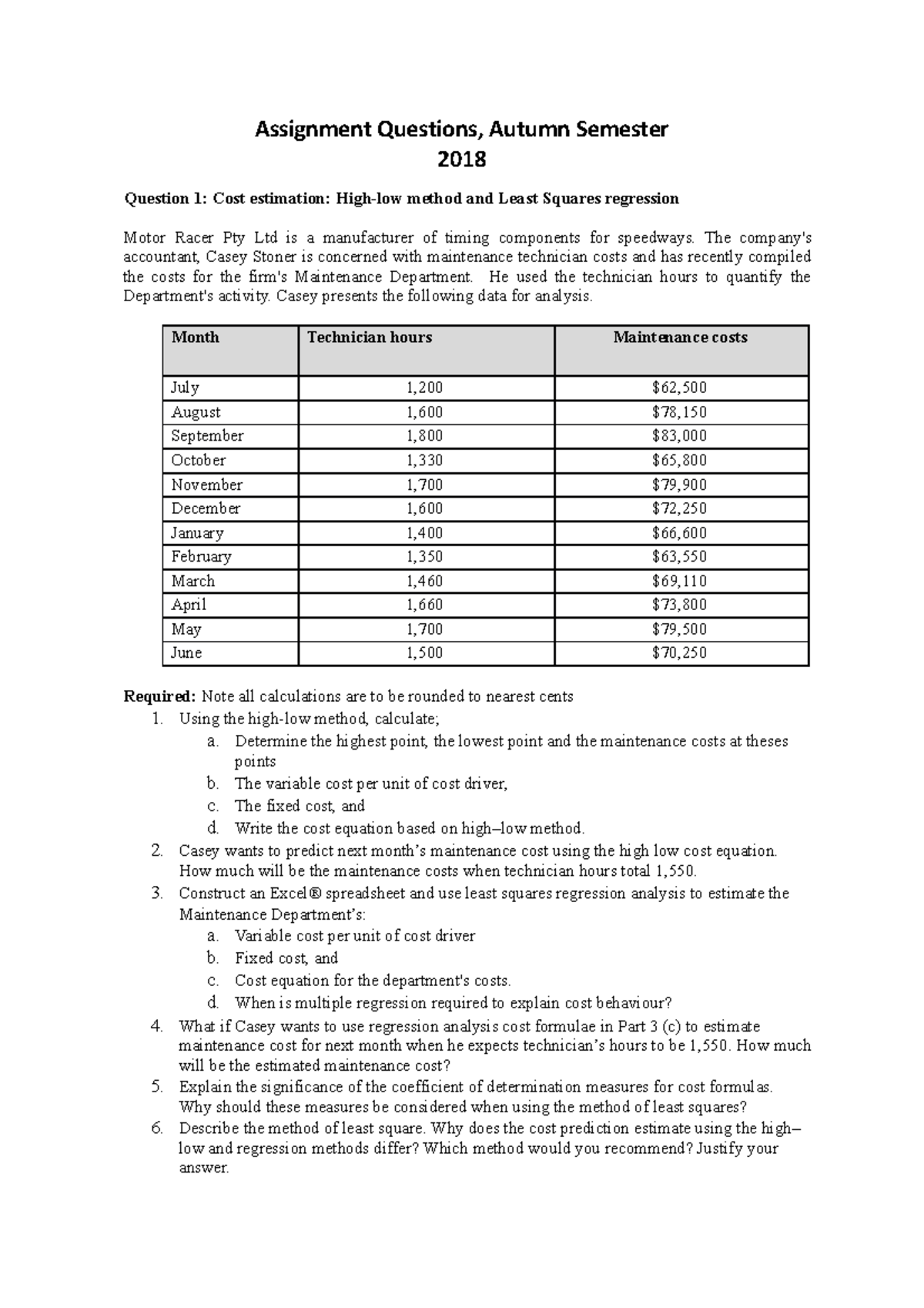 Assignment Questions, Autumn Semester 2018 - Assignment Questions ...