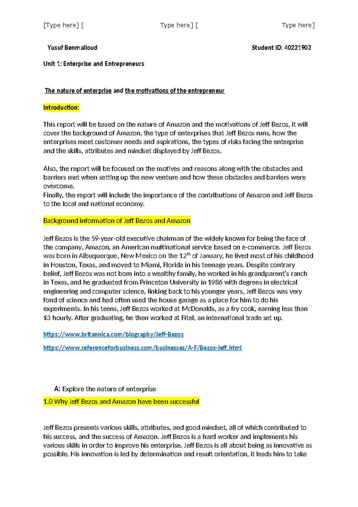 Unit 1 Report A and B Template with structure - Yusuf Benmailoud ...