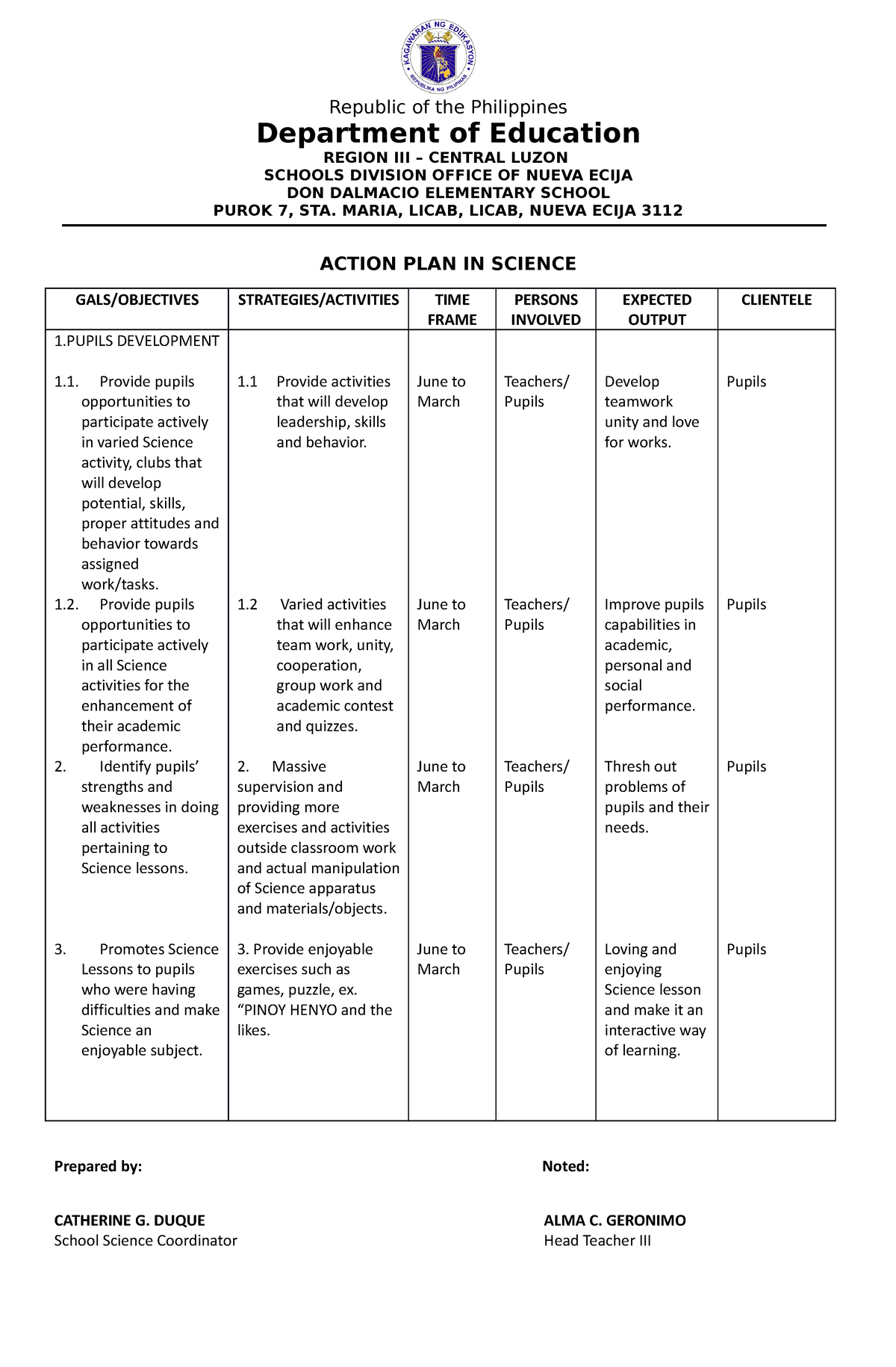 Action PLAN IN Science - Republic of the Philippines Department of ...