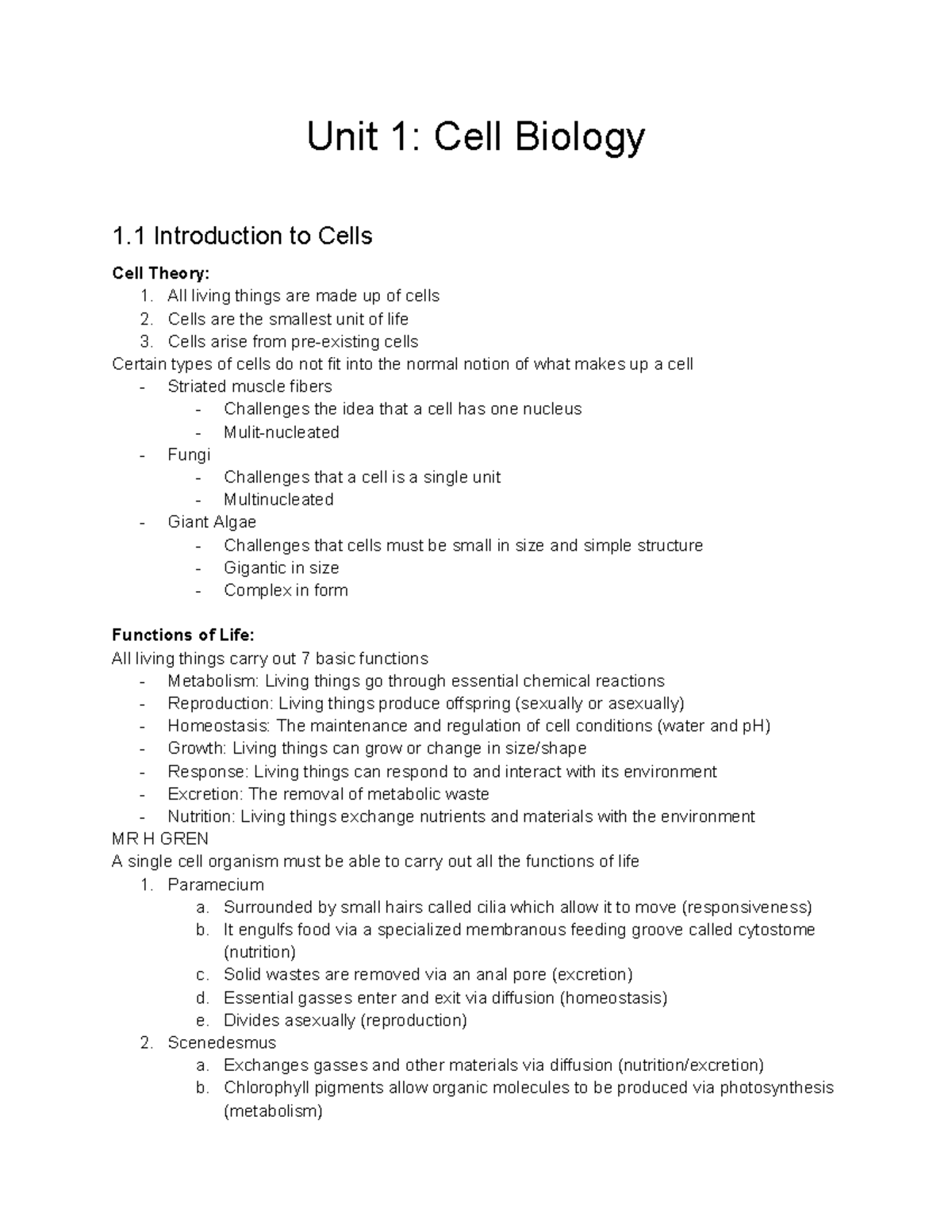 Biology Notes unit 1-11 - Unit 1: Cell Biology 1 Introduction to Cells ...