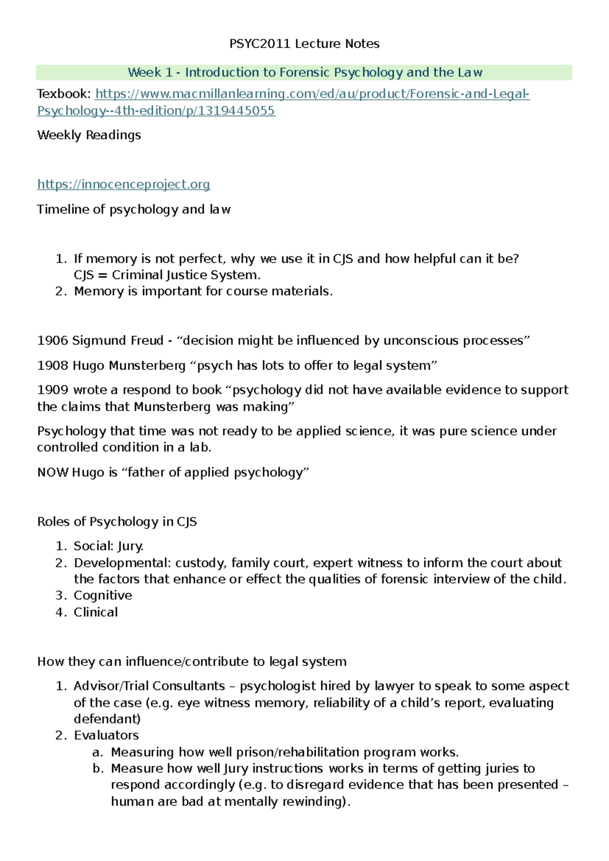 PSYC2011 Lecture Notes Ziqi - PSYC2011 Lecture Notes Week 1 ...