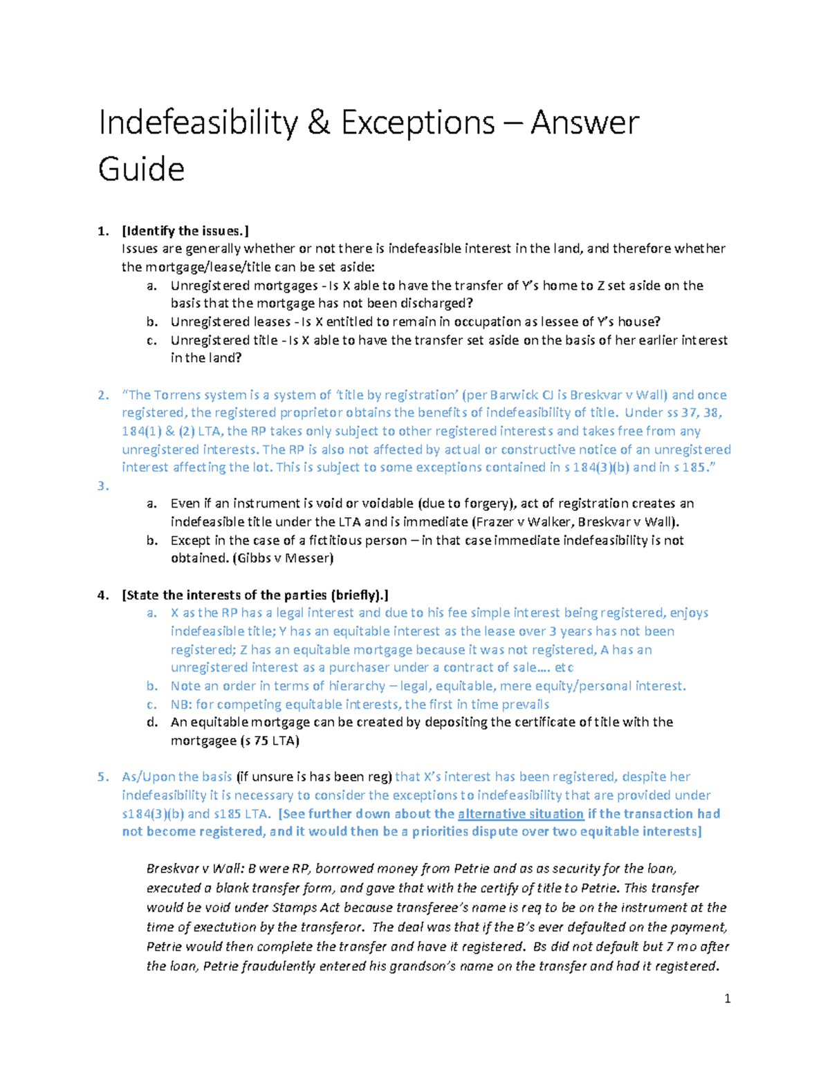 Property law 2 final exam notes Indefeasibility & Exceptions Answer Guide 1. [Identify the