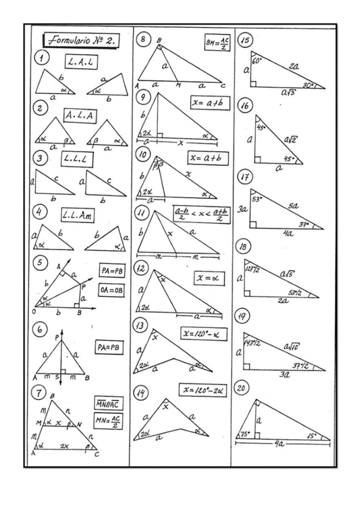 Formulas geometria - apuntes - Formulario No 2. 8 B BM=12 15 1 L.A 60 a ...