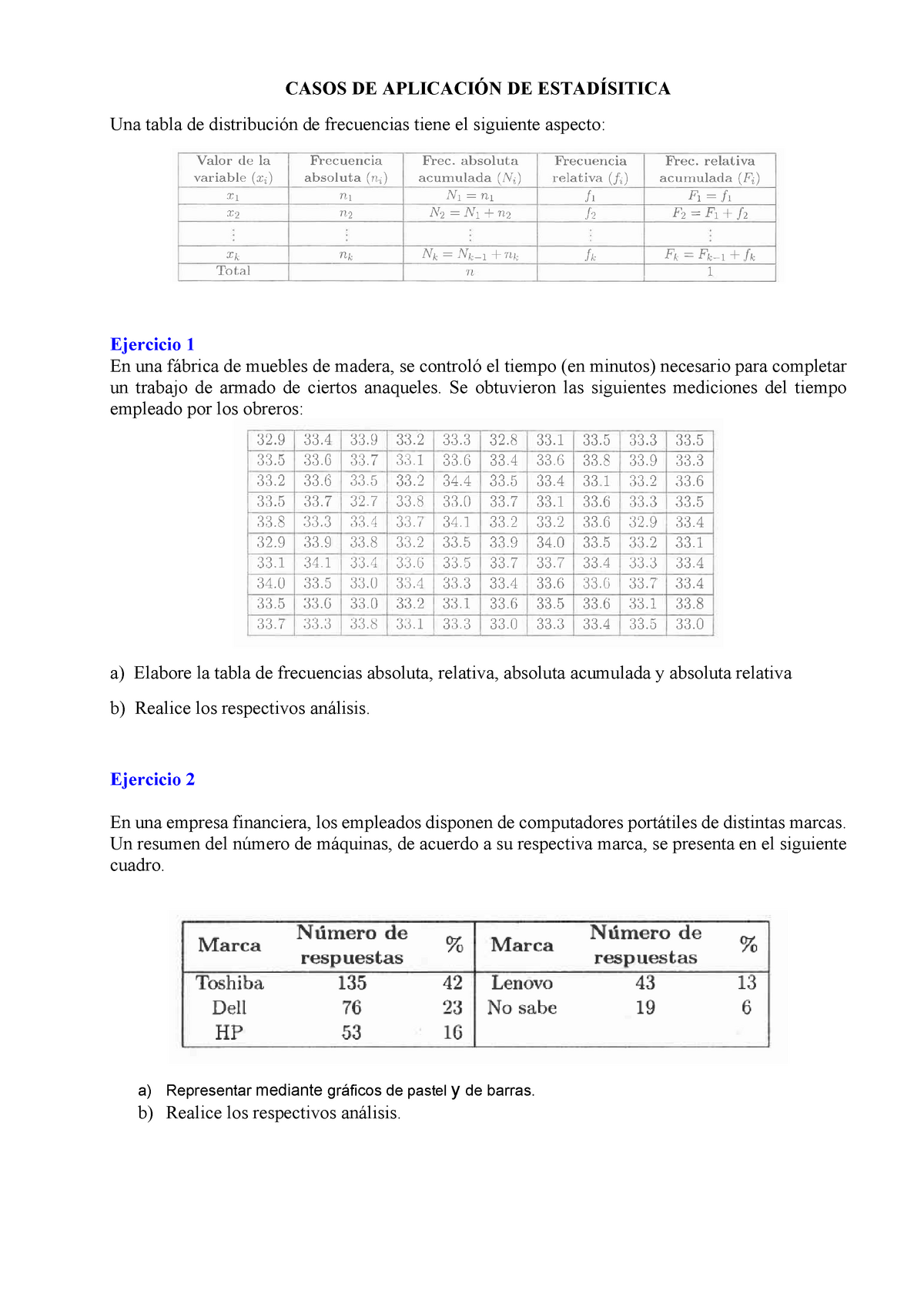 Estadísitica Ejercicios Unidad 1 Y 2 - CASOS DE APLICACIÓN DE ...