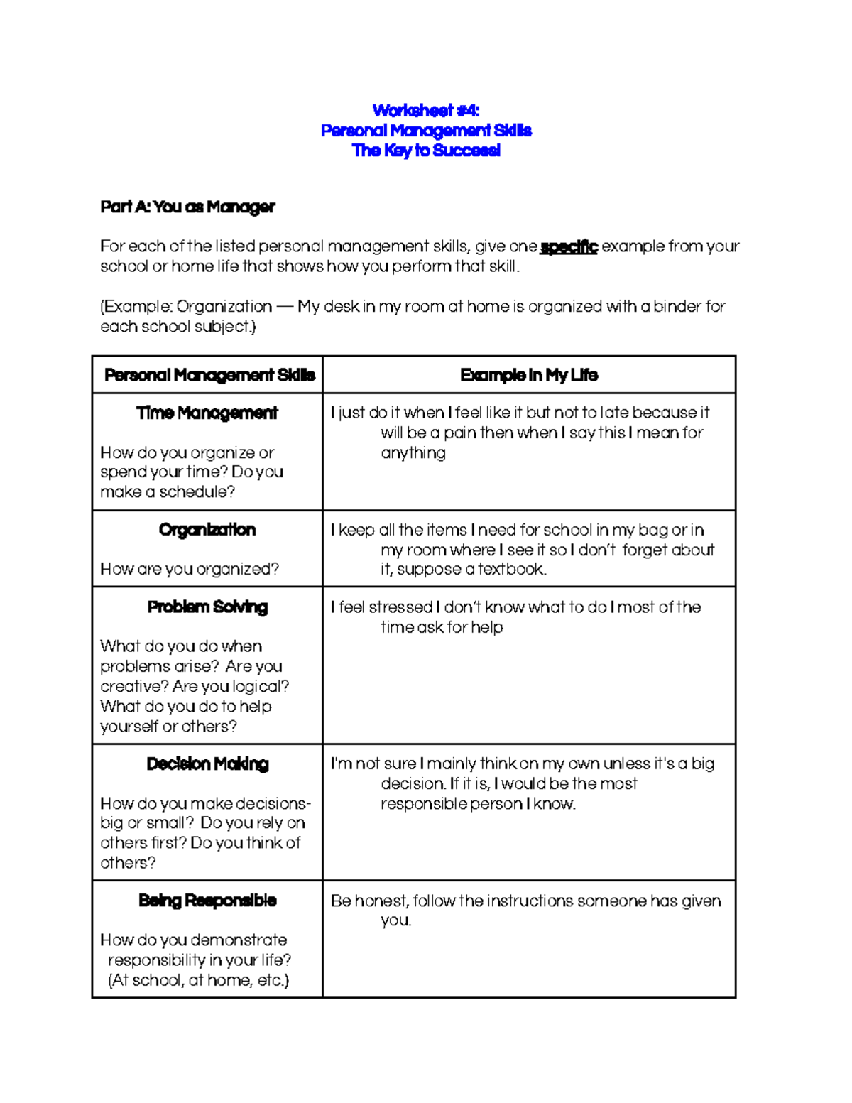 Tusya patel worksheet 4 personal management skills worksheet 4