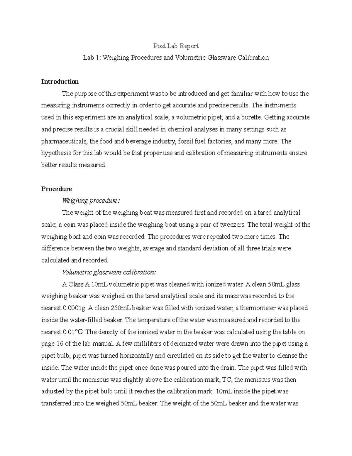 Lab1 Lab Report Post Lab Report Lab 1 Weighing Procedures and