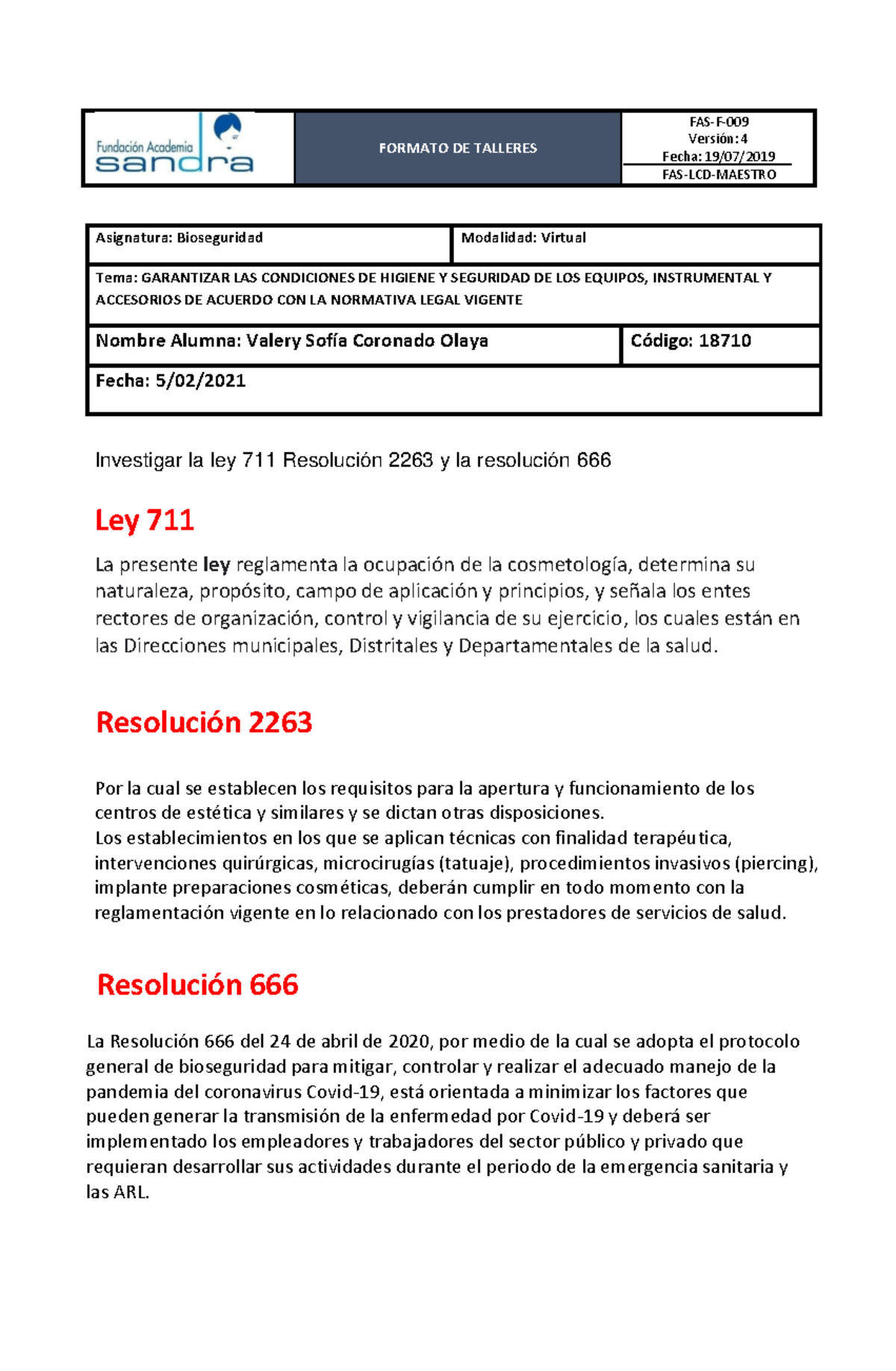 Ley 711 Resolución 2263 Y Resolución 666 - FORMATO DE TALLERES FAS-F ...