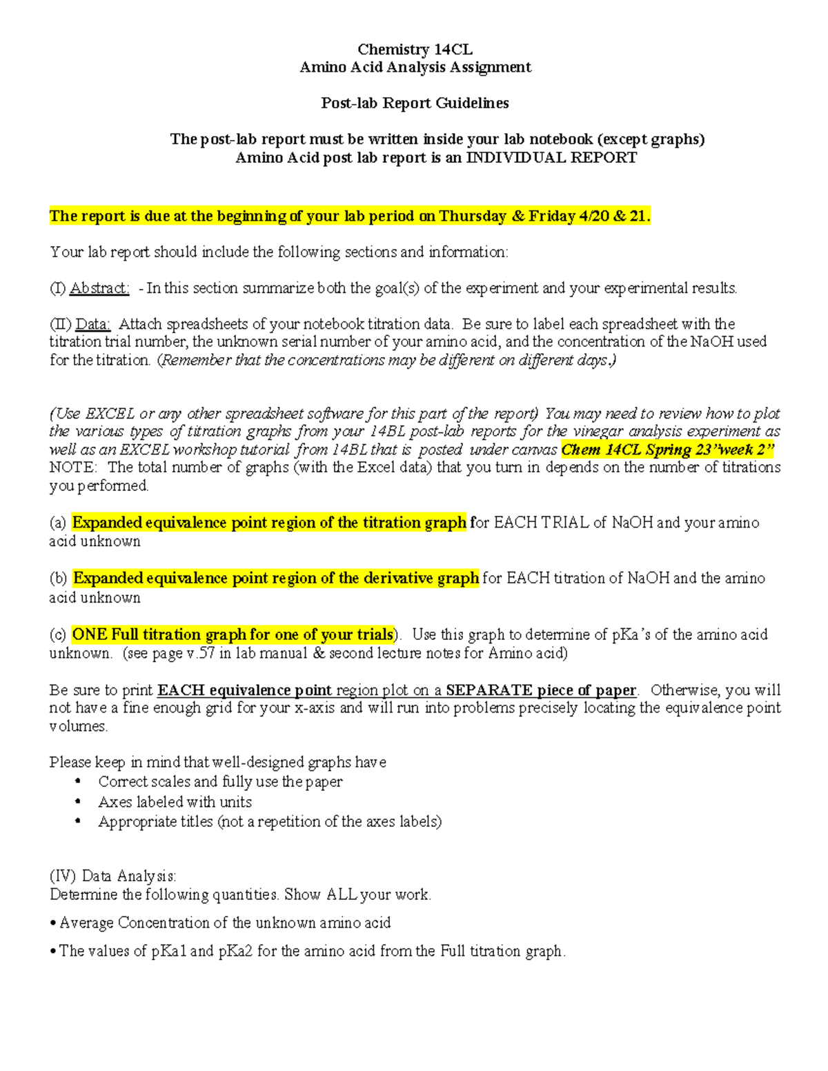 Amino acid postlab guidelines Sp'23 - Chemistry 14CL Amino Acid ...