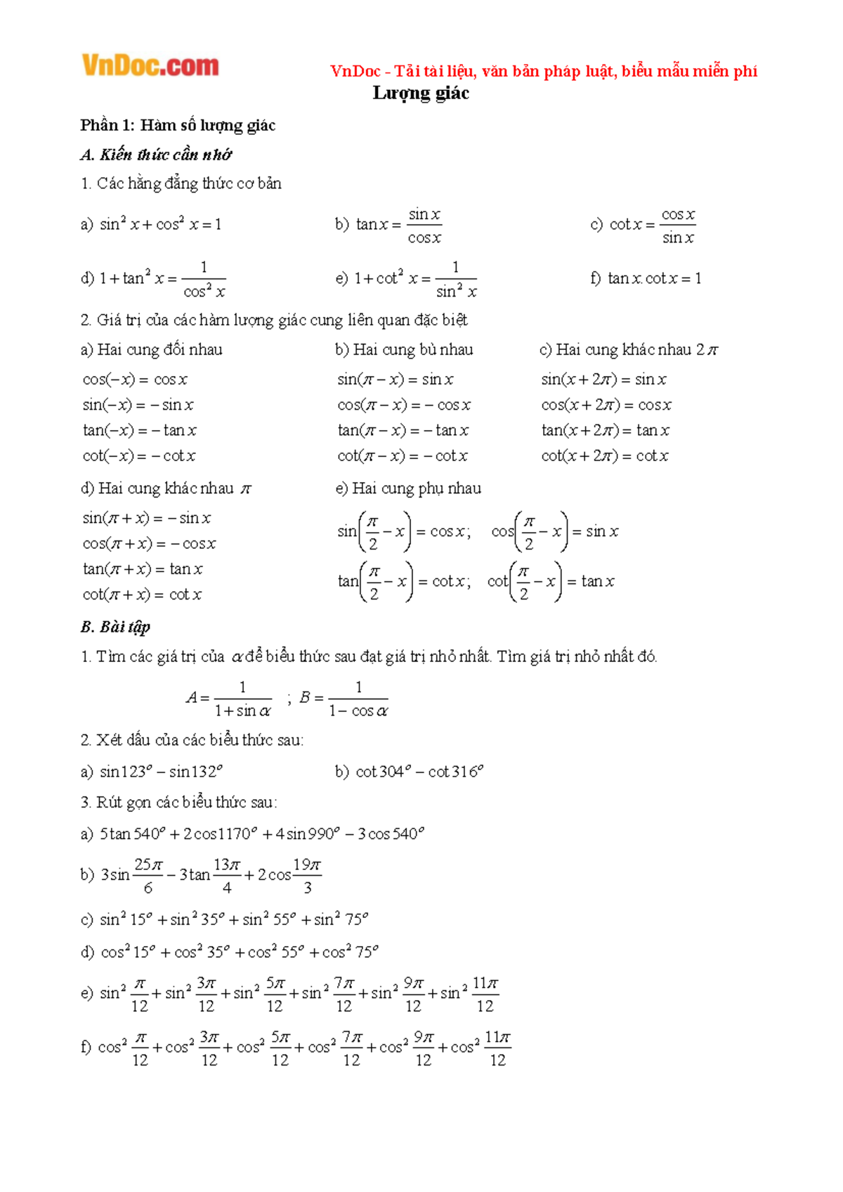 Bai Tap Cong Thuc Luong Giac Lop 10 Lượng Giác Phần 1 Hàm Số Lượng Giác A Kiến Thức Cần Nhớ