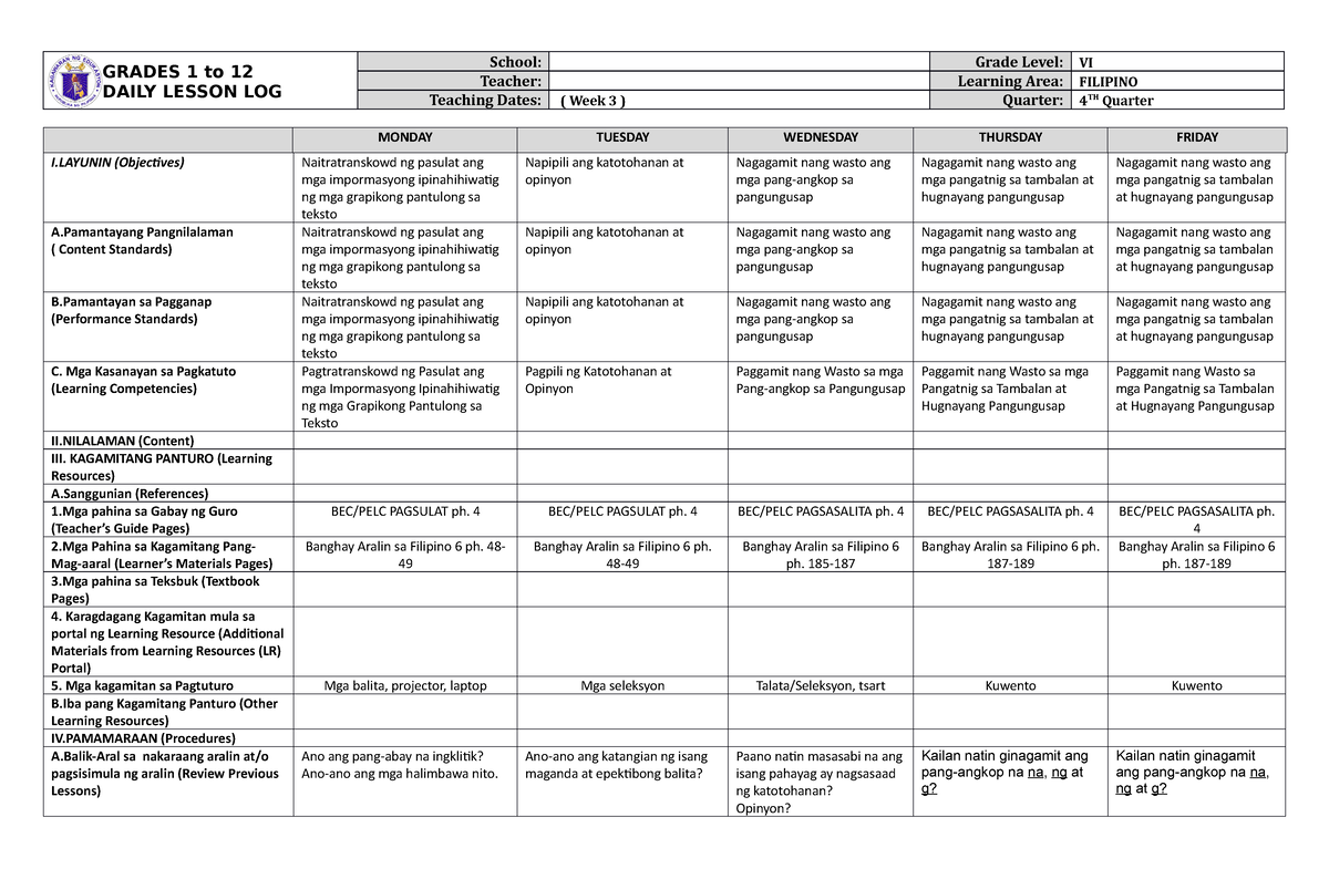 Grade 6 Dll Filipino Q4 Week 3 Docx Grades 1 To 12 Daily Lesson Log Hot Sex Picture 2169