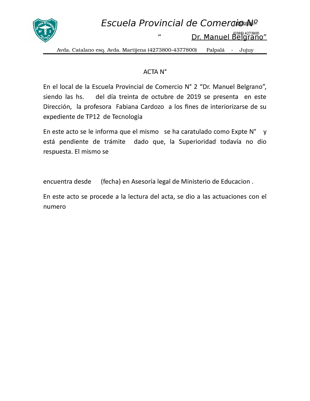 Acta N1 Para Leer Escuela Provincial De Comercio Nº 2 “ Dr Manuel