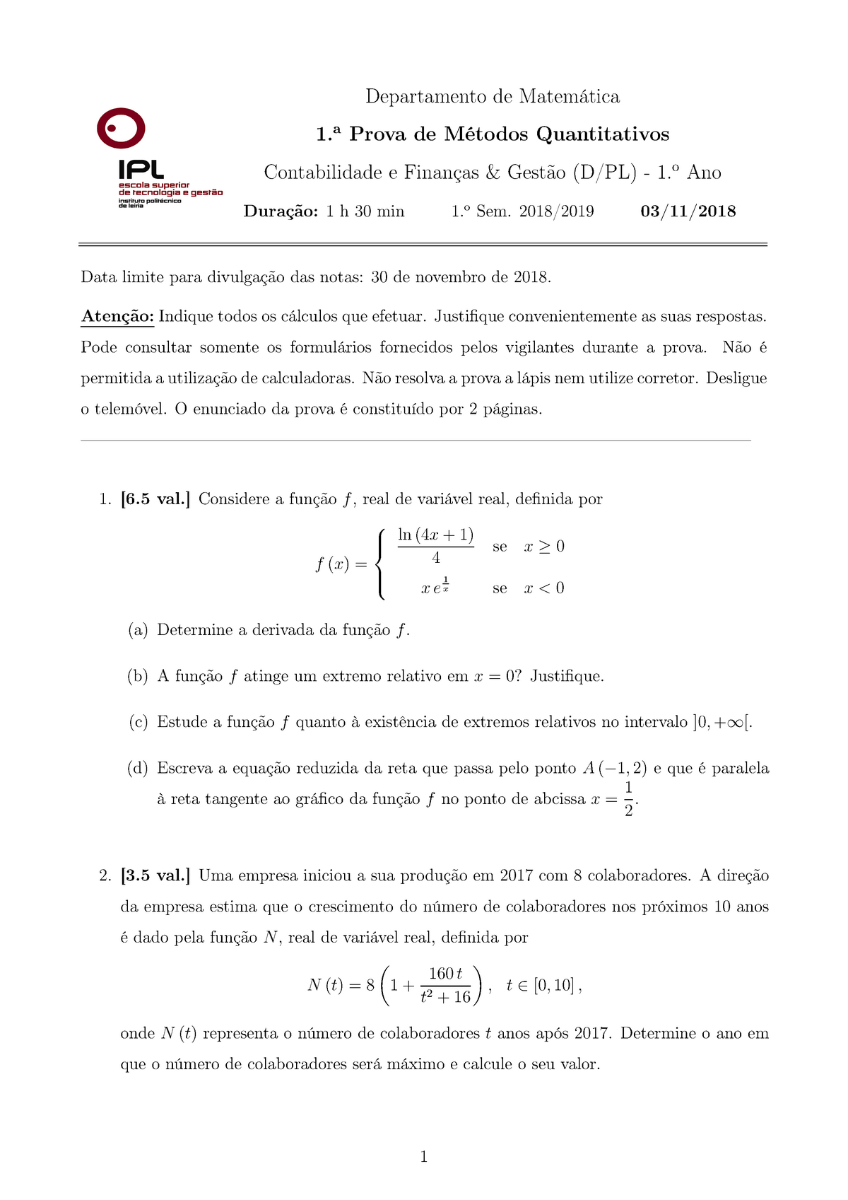 Prova Escrita- Métodos Quantitativos - Departamento De Matemática 1 De ...