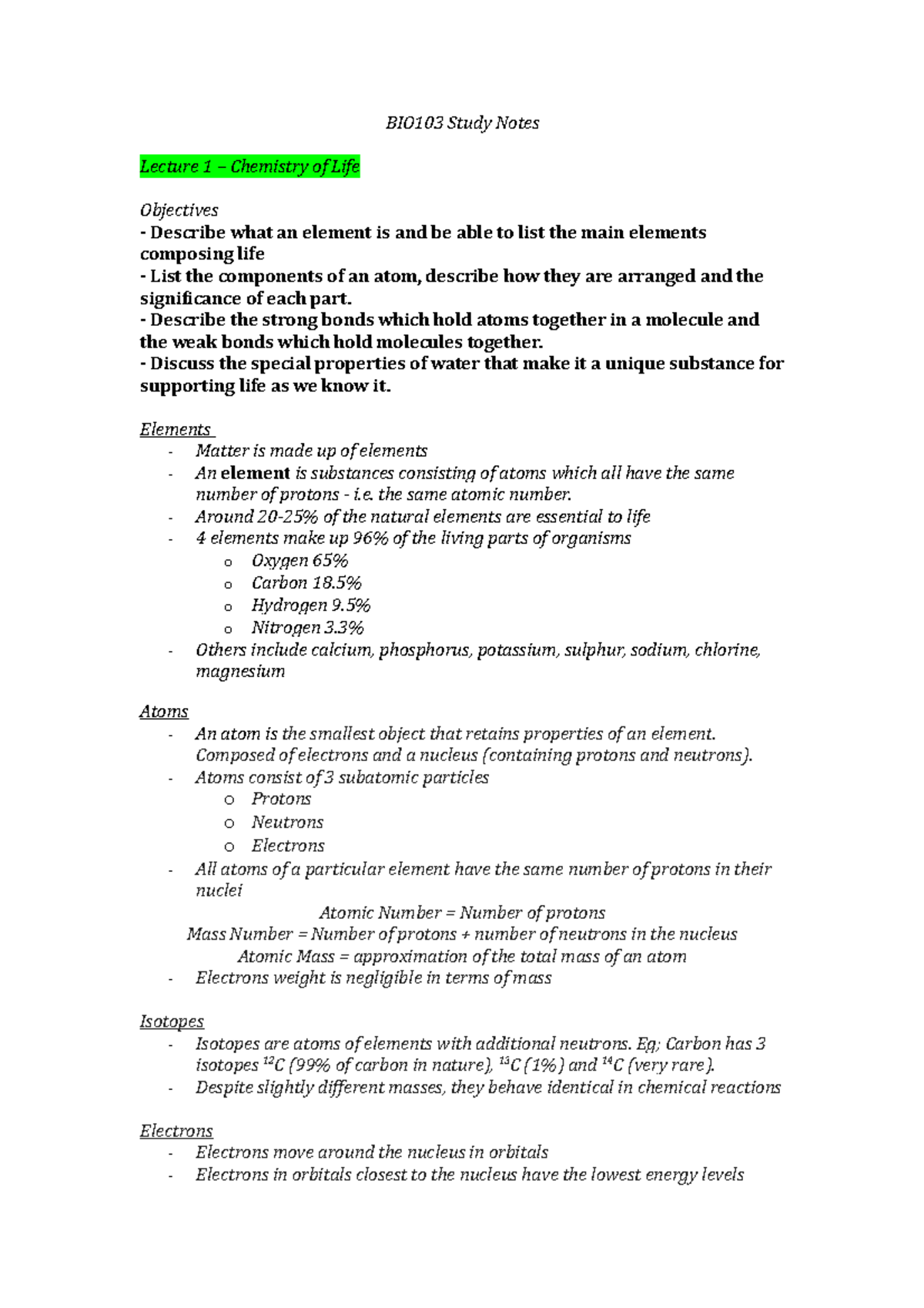 BIO103 Study Notes - BIO103 Study Notes Lecture 1 – Chemistry of Life ...