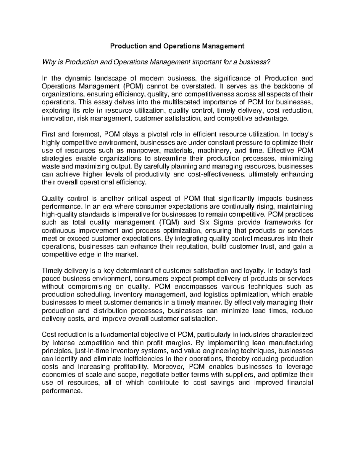 POM - ESSAY - Production and Operations Management Why is Production ...