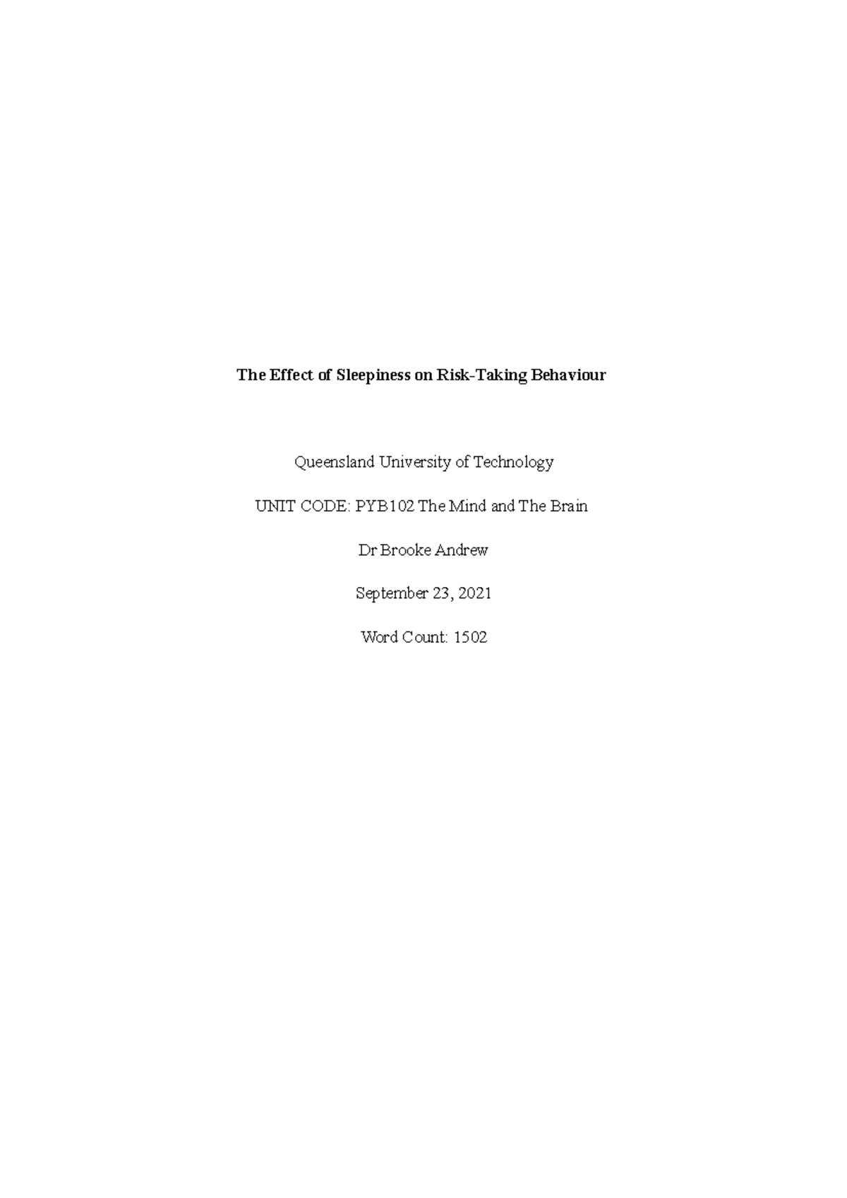 Laboratory Report Sample Title Page - The Effect of Sleepiness on Risk ...