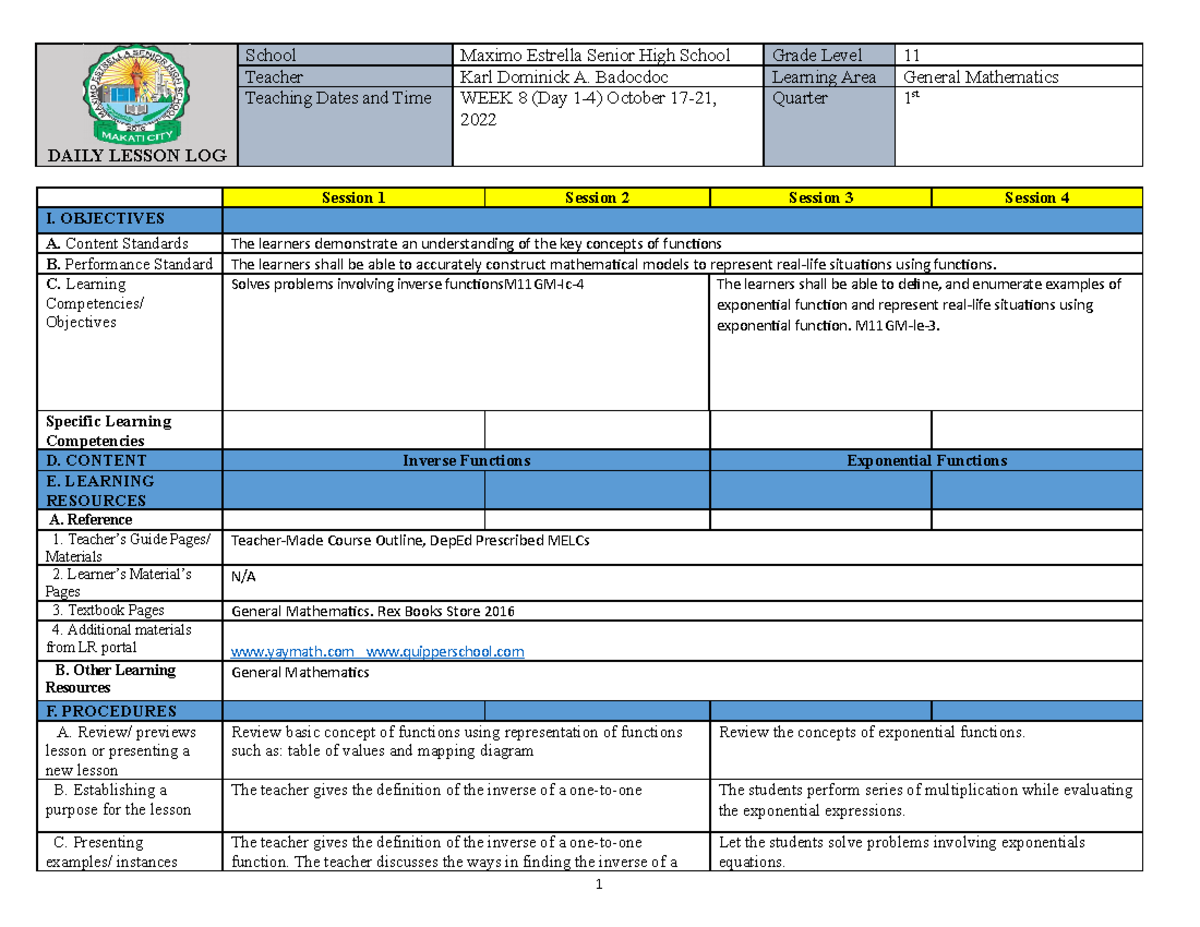 Genmath 10 17-21 - DAILY LESSON LOG School Maximo Estrella Senior High ...