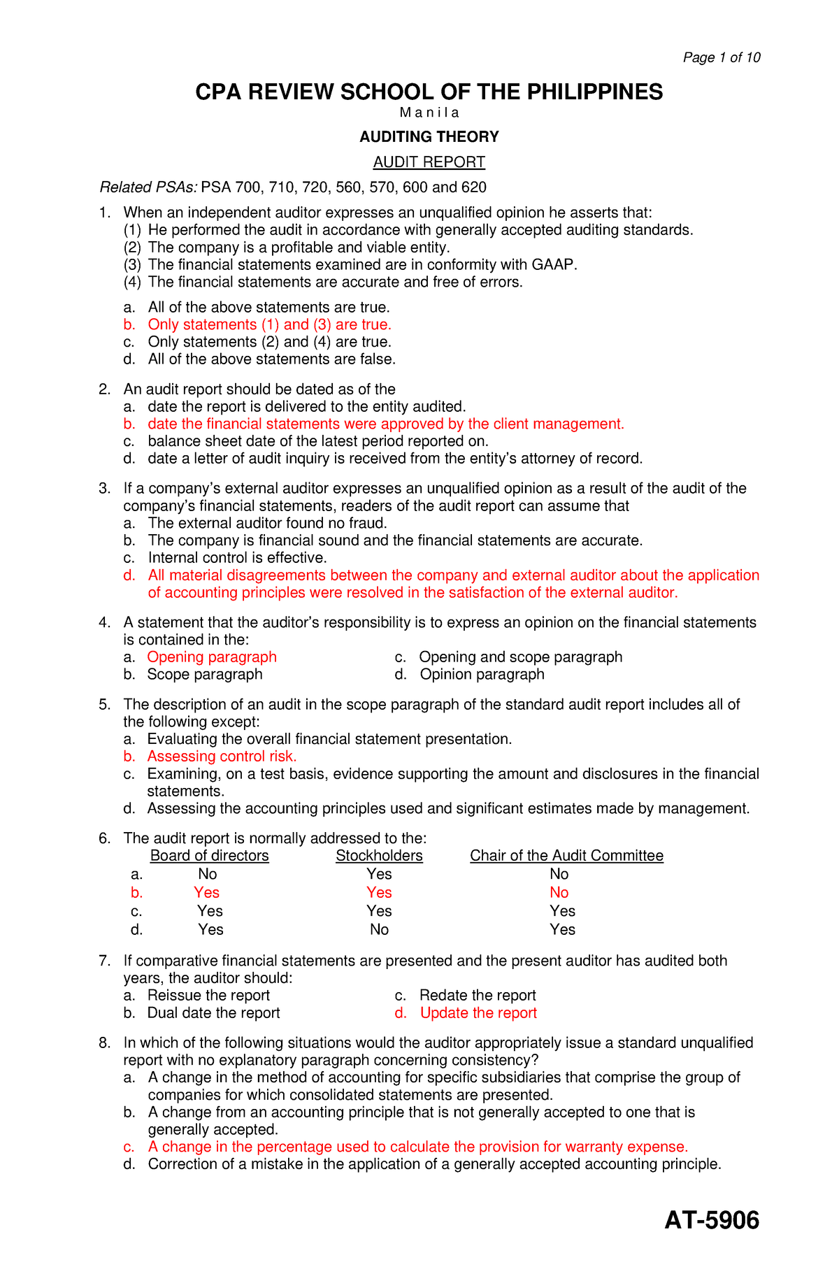 AT Quizzer (CPAR) - Audit Report - CPA REVIEW SCHOOL OF THE PHILIPPINES ...