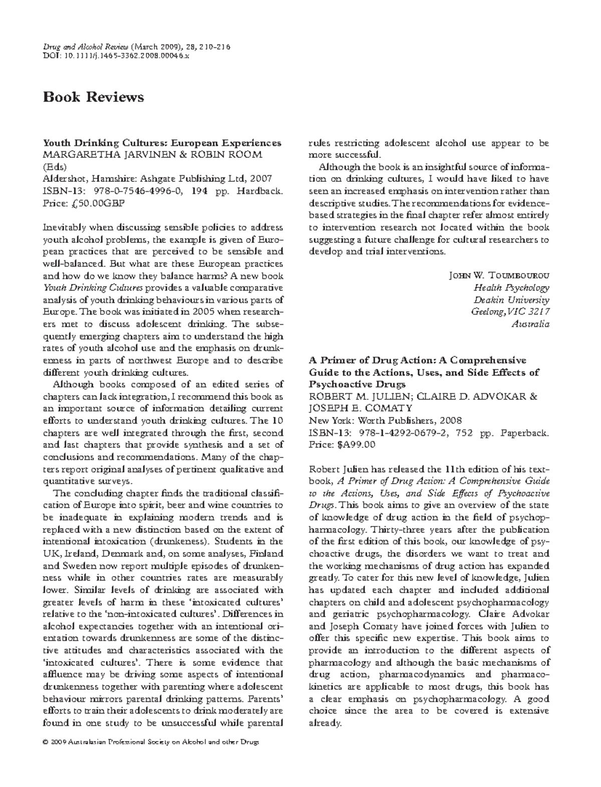 A Primer of Drug Action A Comprehensive Book Reviews Youth Drinking