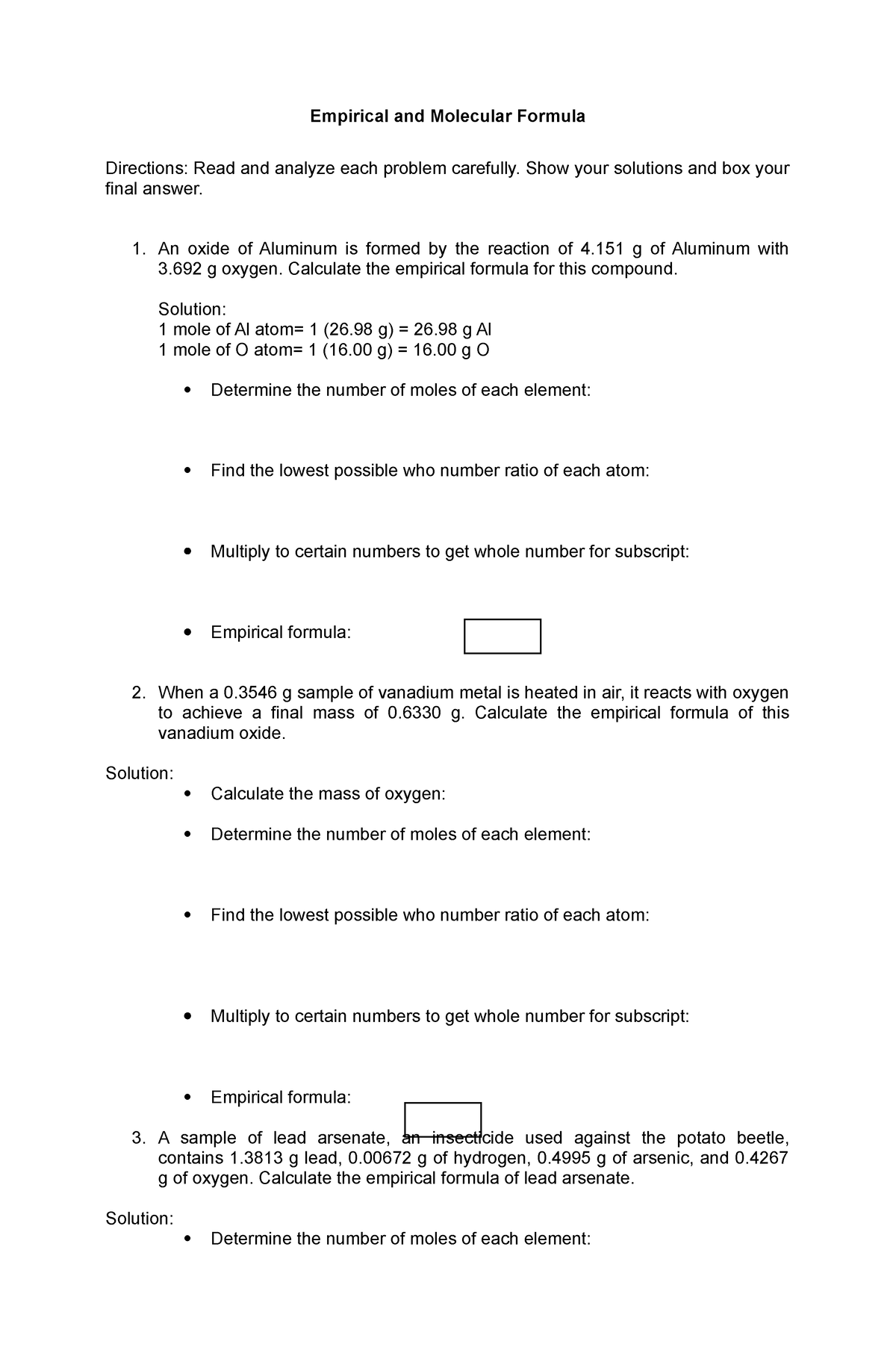 Practice Quiz Empirical And Molecular Formula - Empirical And Molecular ...