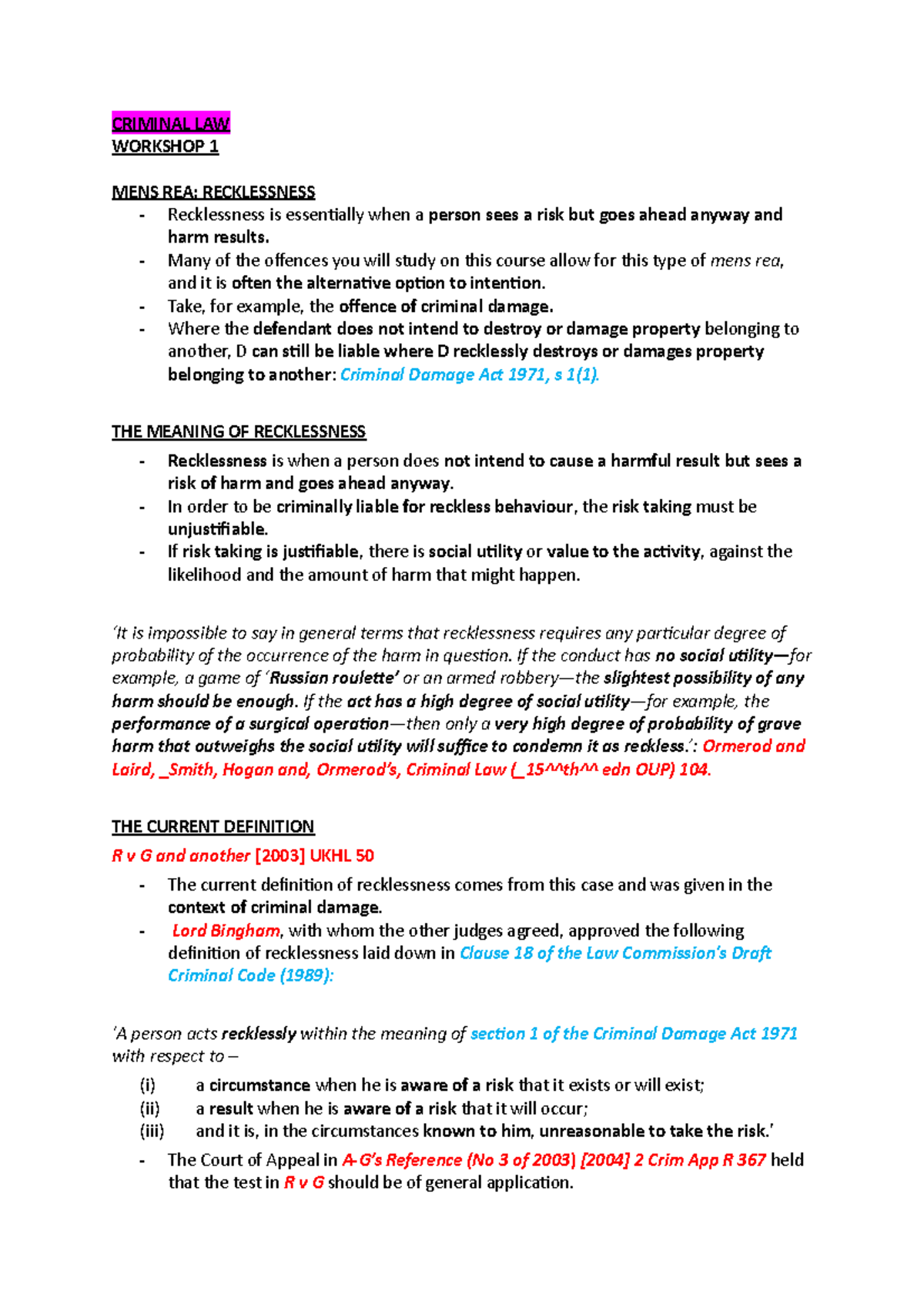 MENS REA Recklessness CRIMINAL LAW 1 MENS REA RECKLESSNESS